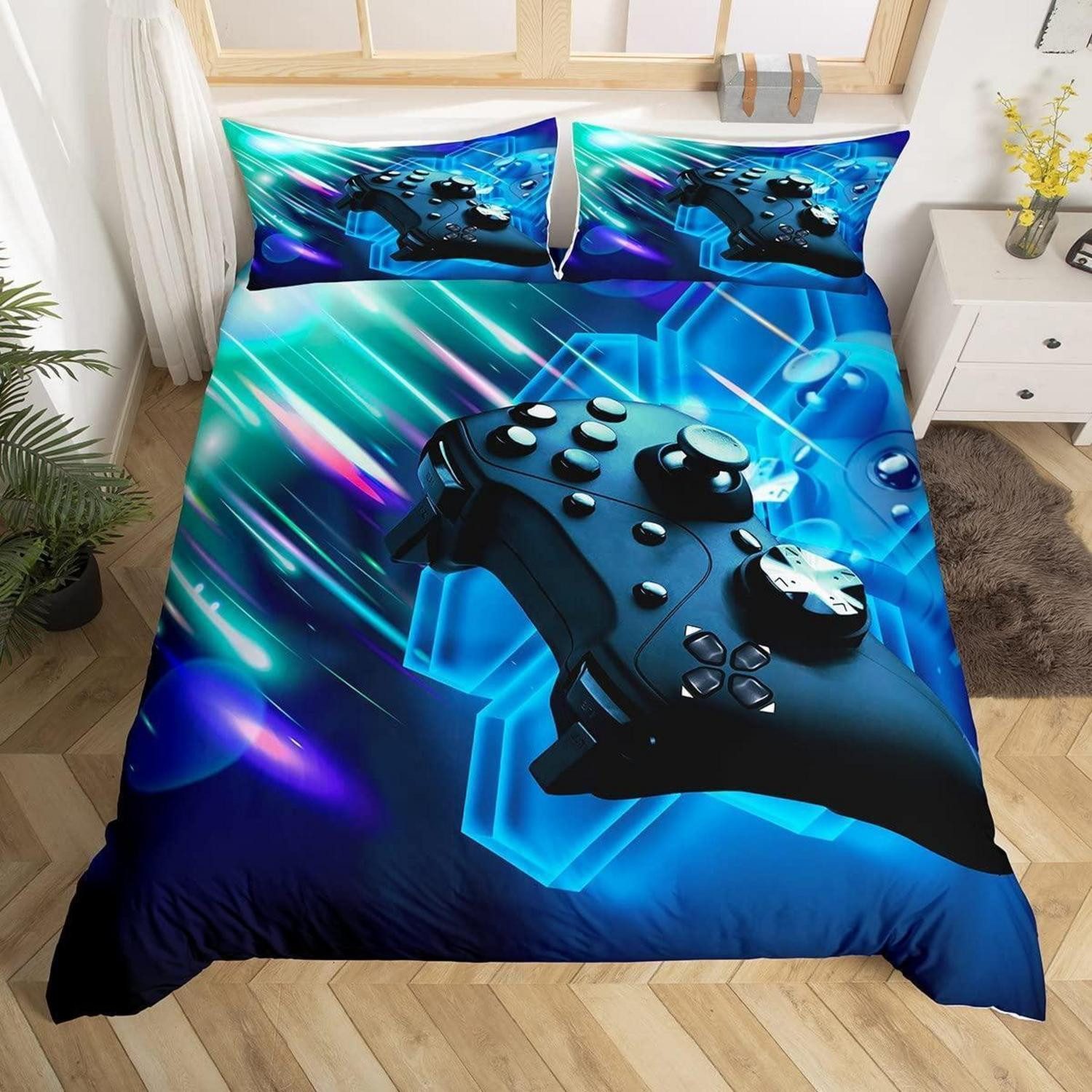 LuxusKollektion Jugendbettwäsche Bettwäsche Set 135x200cm Game Controller Hexagon Blau