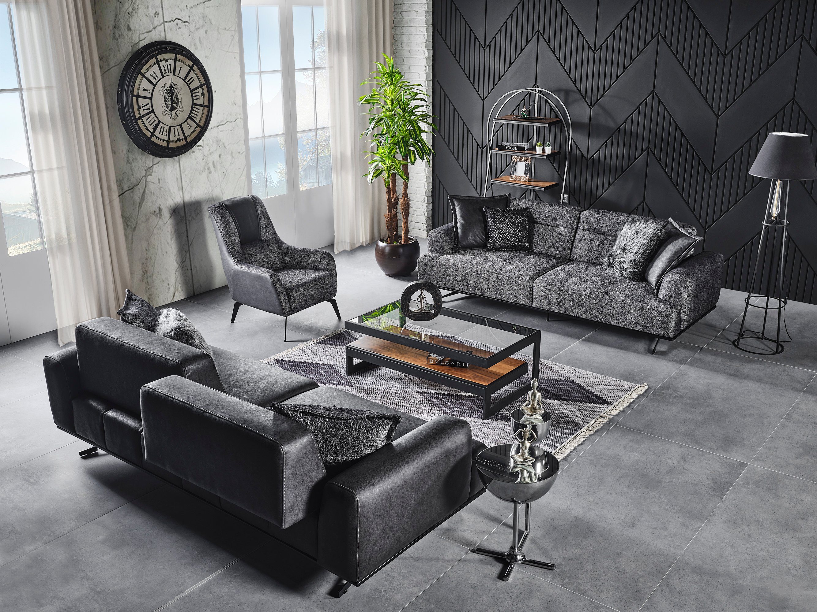1 Mikrofaser Royal, Teil, Villa Quality,strapazierfähiger Anthrazit Samtstoff Handmade Möbel Sofa