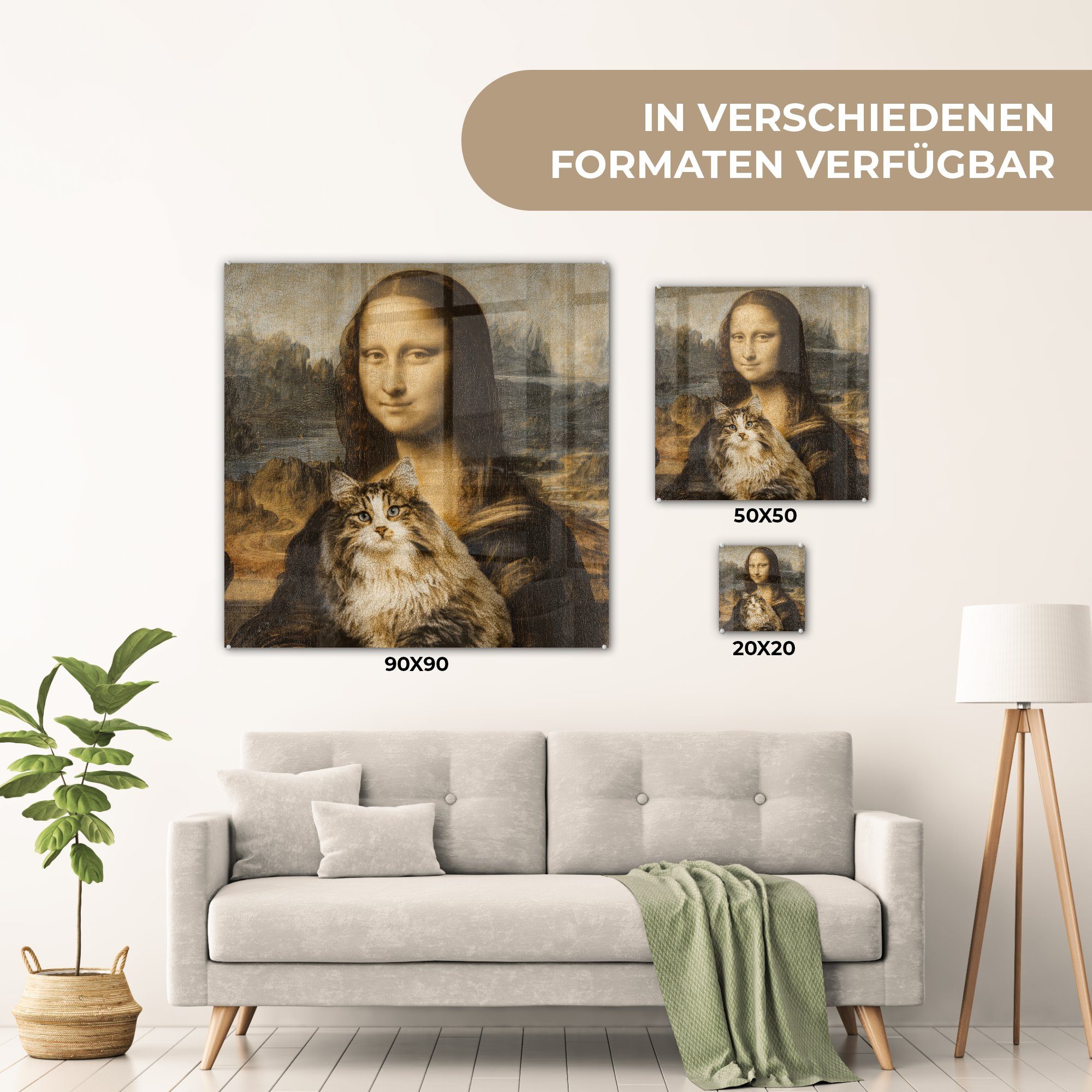 Glas Mona bunt Vintage MuchoWow auf Alte, Kunstwerk Vinci da St), Glasbilder Wanddekoration Katze - auf Foto - - - - (1 Lisa Leonardo Wandbild Bilder Acrylglasbild - Glas - -