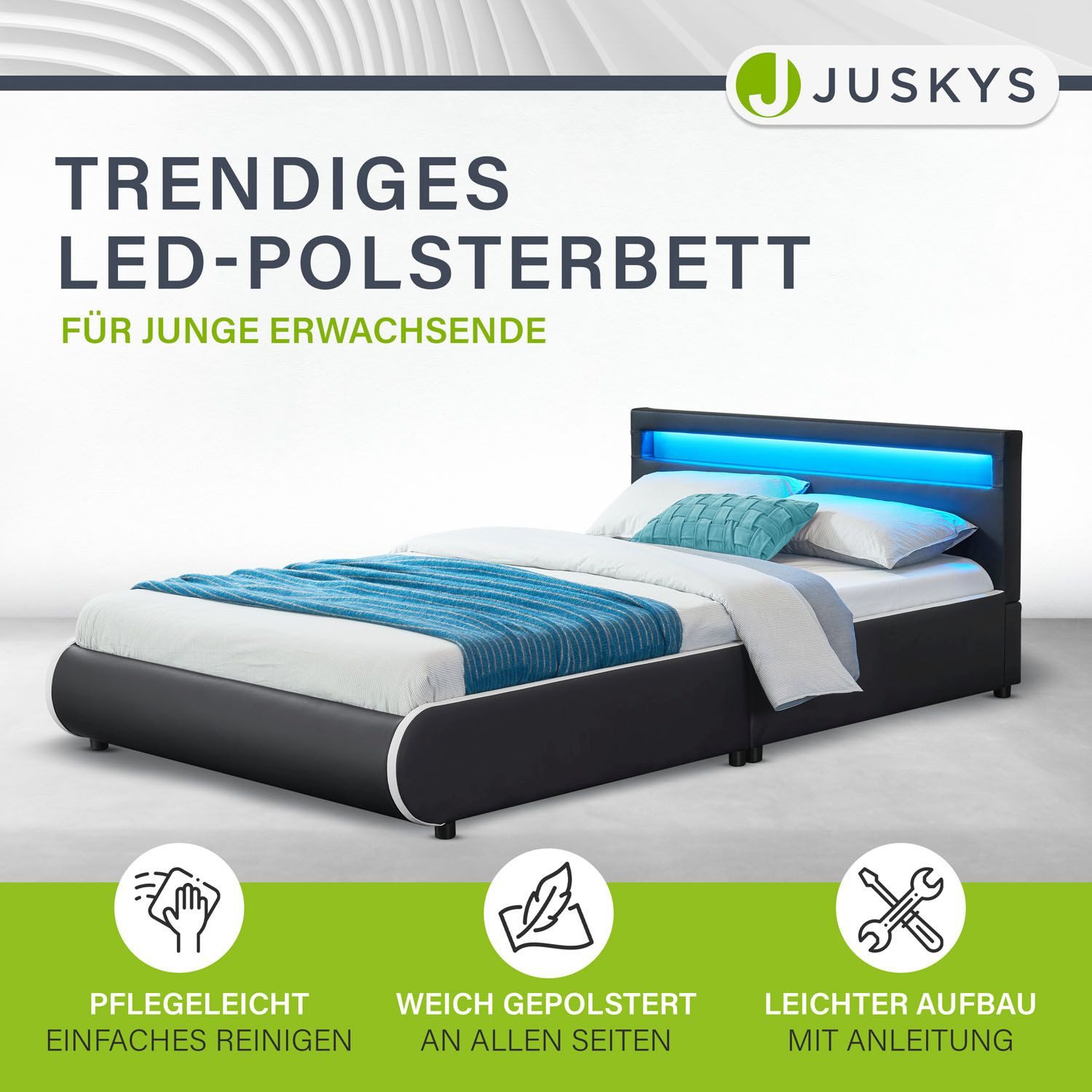 Juskys Polsterbett Sevilla, 140x200 cm, RGB-LED, Kunstleder, gepolstertes K günstig online kaufen