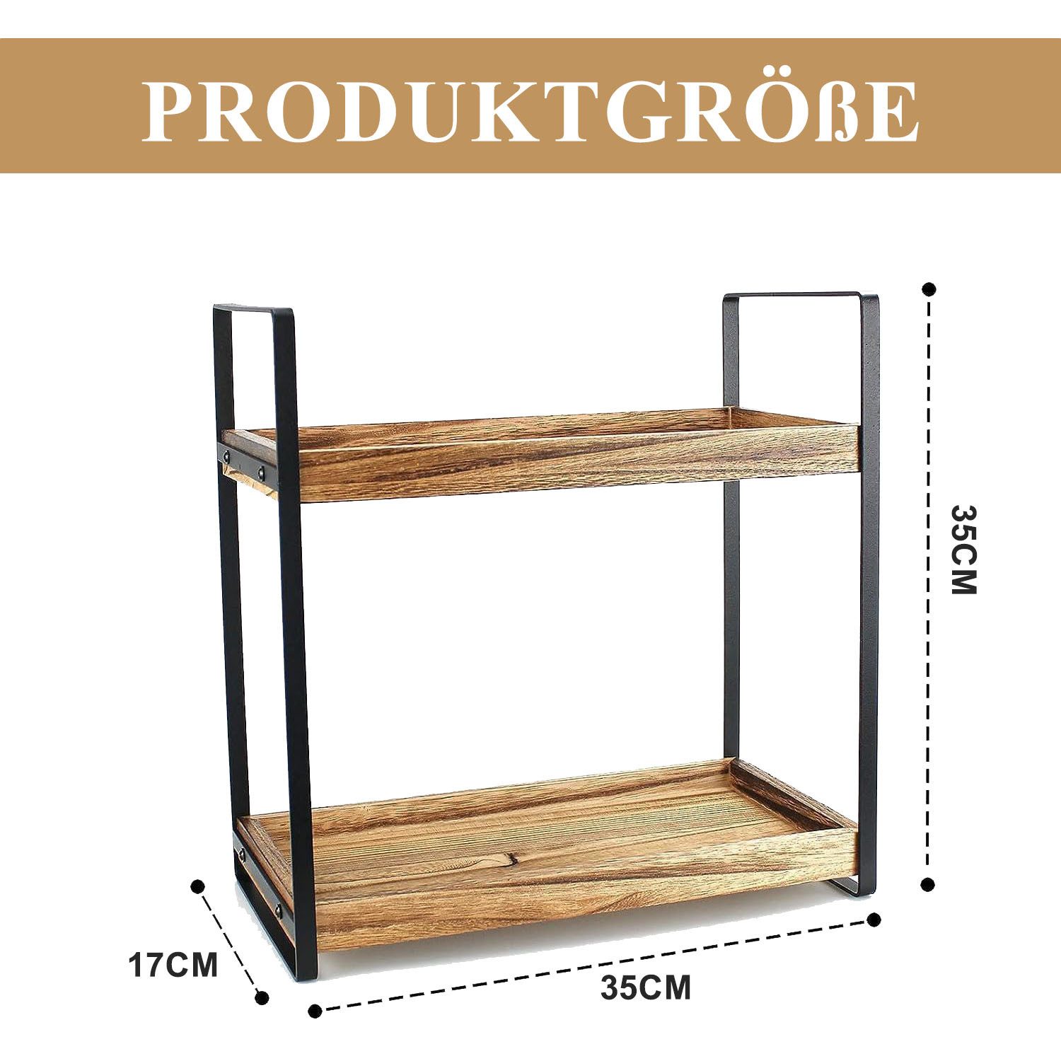 HEYHIPPO Flaschenregal Lagerregal Gewürzregal Kosmetikregal Doppelschichtiges Holztablett, küchenregal stehend für arbeitsplatte kaffeeregal gewürzregal holz, Metallrahmen, Organizer für die Arbeitsplatte, L35 x H35 x B17 cm