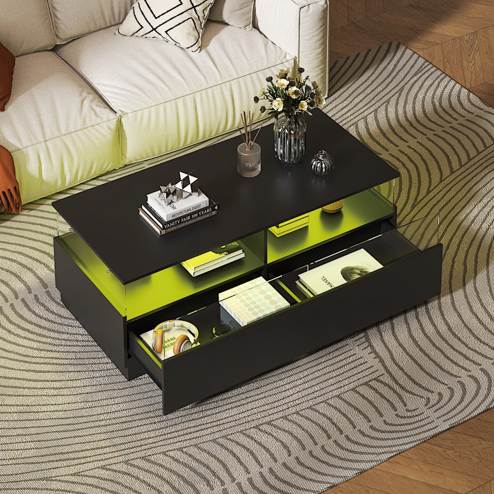 radelldar Couchtisch mit LED-Beleuchtung und 2 Acryltüren-Schubladen (1-St), Wohnzimmertisch Beistelltisch 108 x 50 x 40 cm – Bild 4 von 5