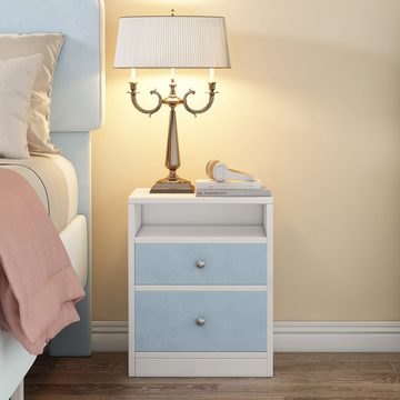 Welikera Nachtschrank Nachttisch mit 2 Schubladen und einem Fach, Holz+Samt,Weiß+Blau Stauraum im Wohnzimmer und Schlafzimmer