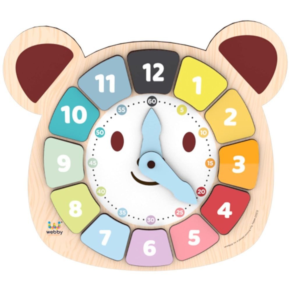 Webby Toys Uhr Holz Lernuhr – 12-teiliges Puzzle-Spielzeug für Kinder (Mit drehbaren Zeigern & stabiler Bauweise, ideal für Kinder)