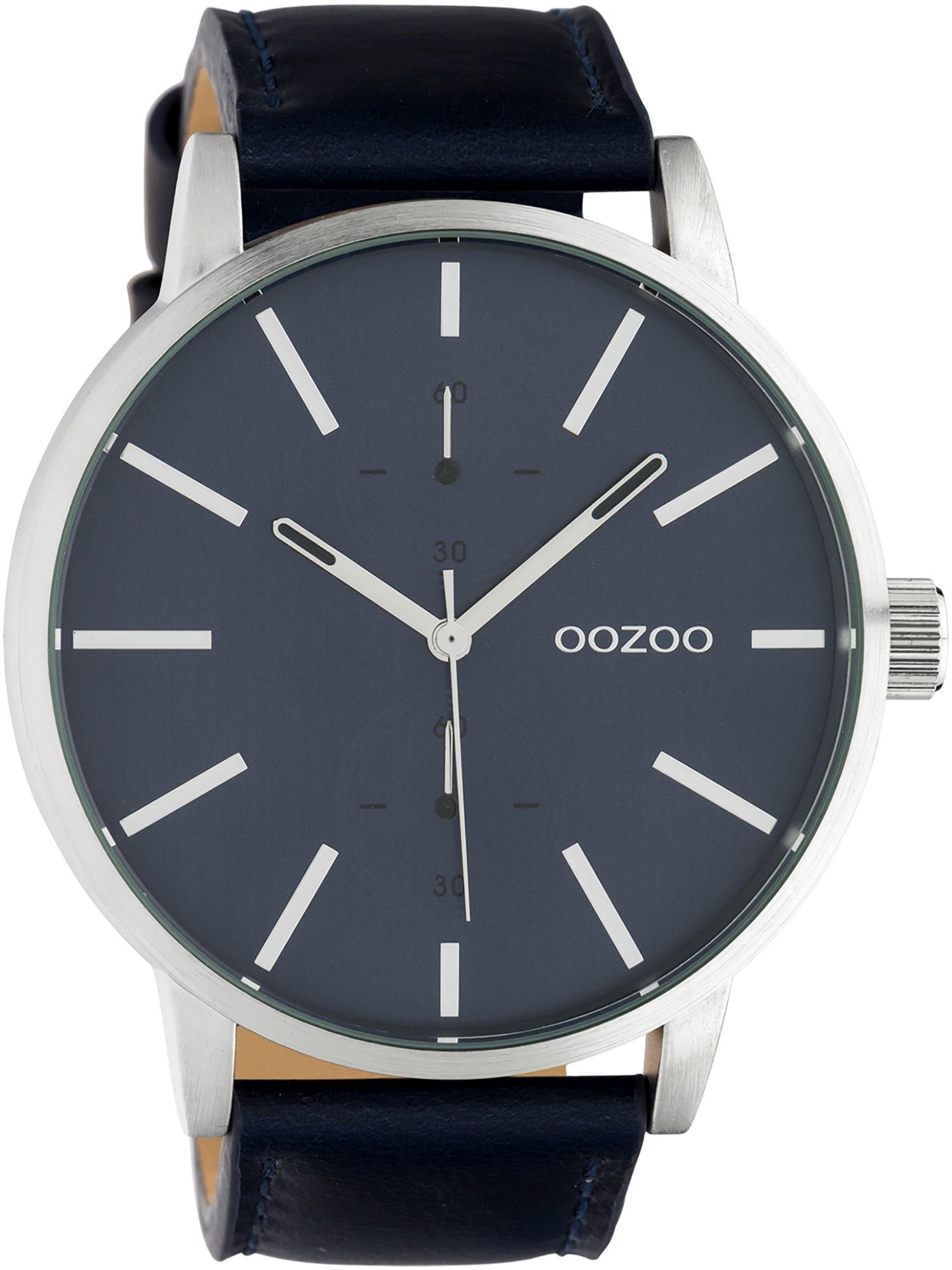OOZOO Quarzuhr Oozoo Unisex Armbanduhr dunkelblau Analog, Damen, Herrenuhr rund, extra groß (ca 50mm) Lederarmband, FashionStyle