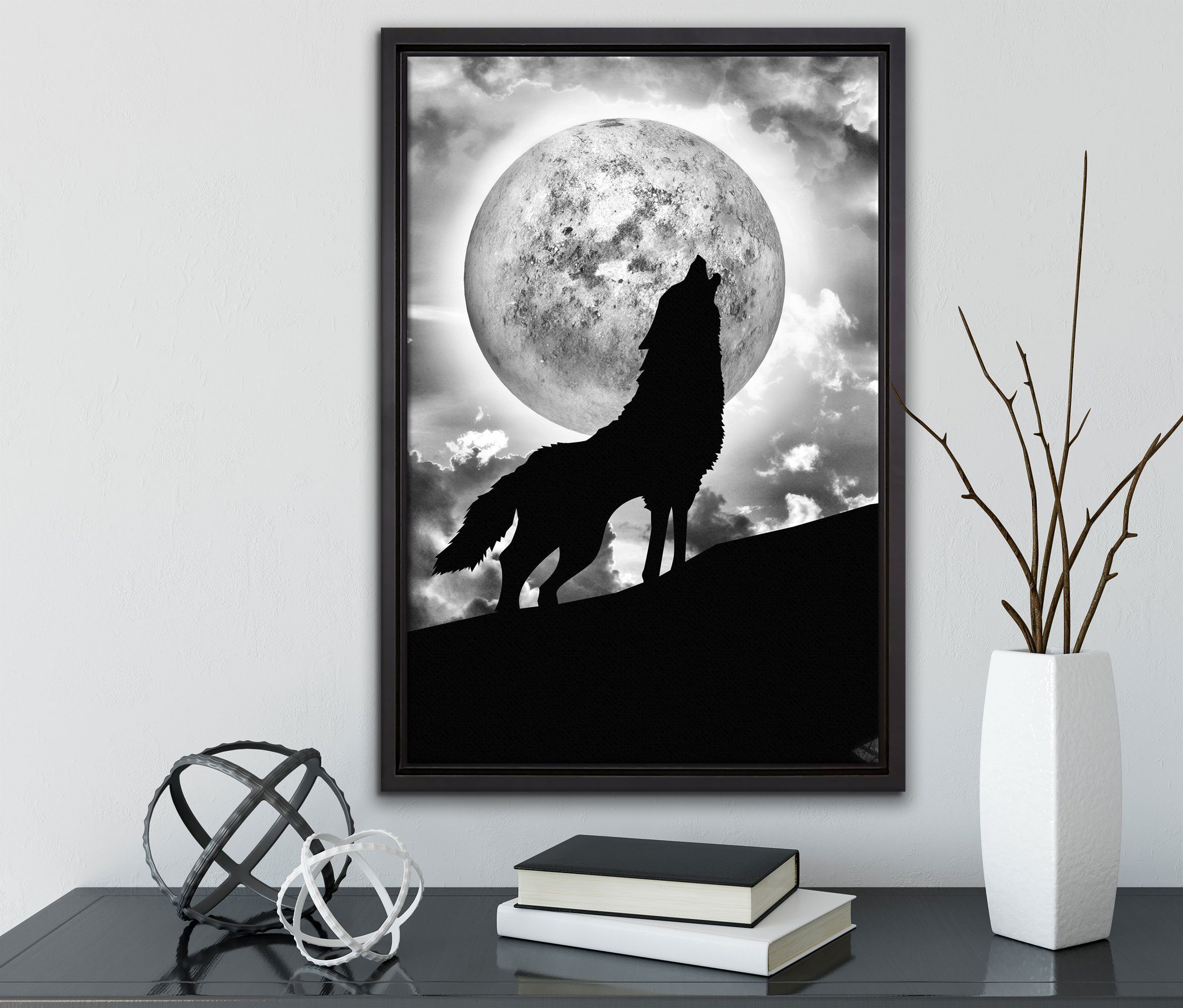 Pixxprint Leinwandbild Wolf heult Mond St), Zackenaufhänger (1 inkl. fertig Schattenfugen-Bilderrahmen gefasst, bespannt, Leinwandbild Wanddekoration einem in an