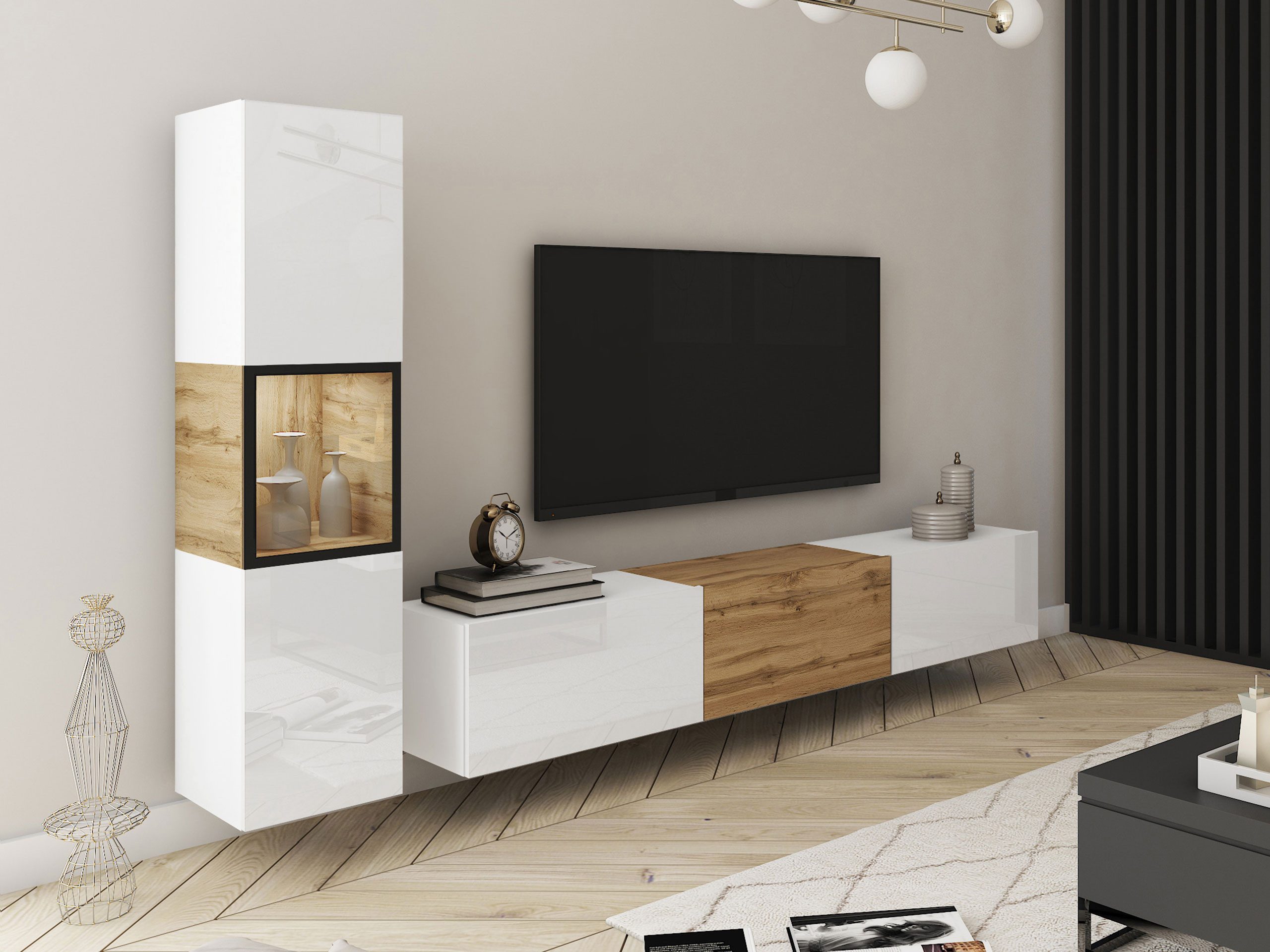 MIRJAN24 Wohnwand Berlin I, (2er-Set, Vitrine, TV-Lowboard), Beleuchtung als Option