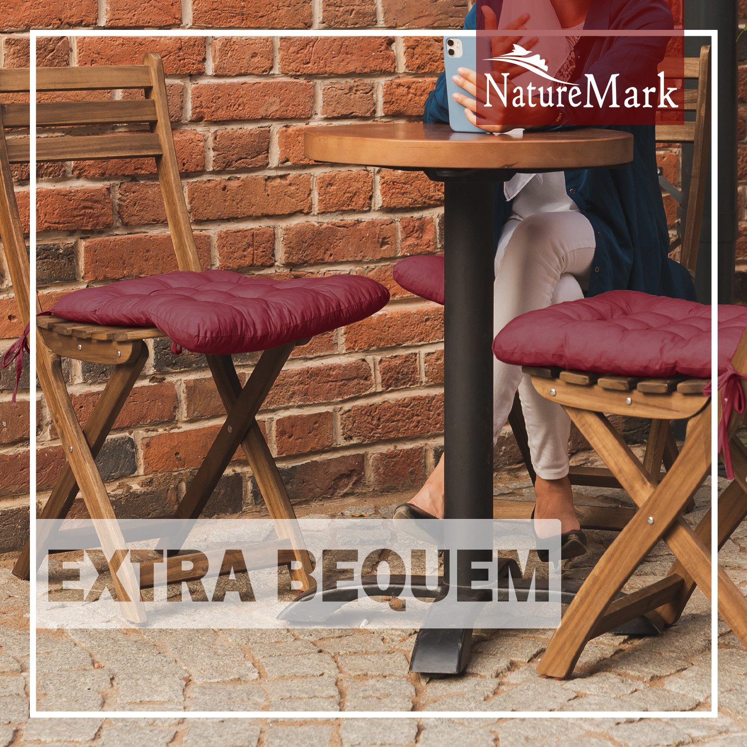 NatureMark Sitzkissen 4er-Set Stuhlkissen 40x40cm mit Bändern, Sitzpolster Kissen 4er Pack, schadstoffgeprüft, Bordeaux rot
