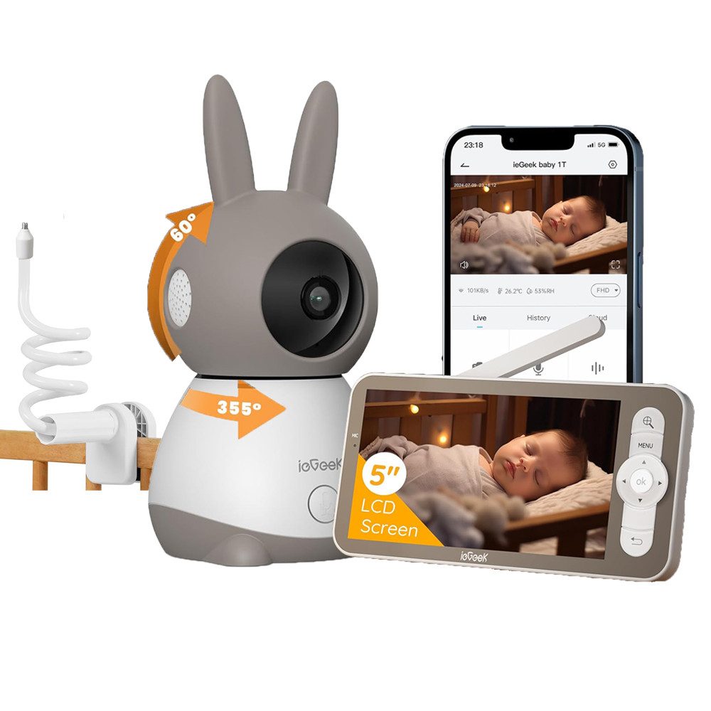 TWUFY Babyphone 5 Zoll WLAN Video babyfone PTZ 355° Babyphone mit Kamera 2K/3MP, IR-Nachtsicht, Automatische Verfolgung,Temperaturanzeige, Weinen/Bewegungs/Geräuscherkennung,unterstützt Mobile App Steuerung, Präzisere Warnungen,Schlafmodus&Schreierkenn,Gefahrenbereichserkennung