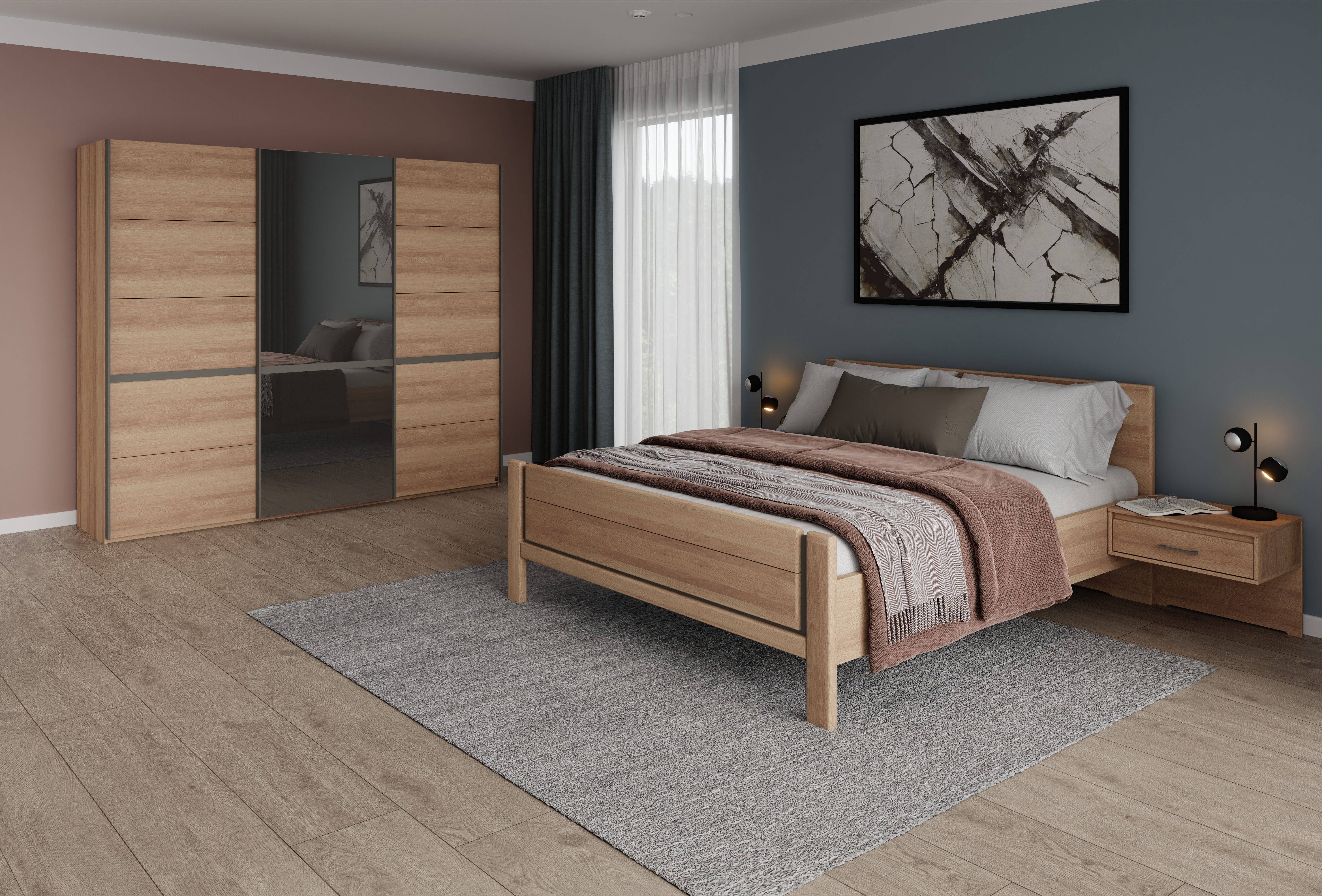 Musterring Schlafzimmer-Set Sorrent, Kleiderschrank, Bett & Nachtkommoden, teilmassiv Eiche, (2er-Set Nachtschränke, Schwebetürenschrank 250 cm, Bett 180x200 cm), mit Schwebetürenschrank, Bett mit Stollenfuß, Breite Schrank 250 cm