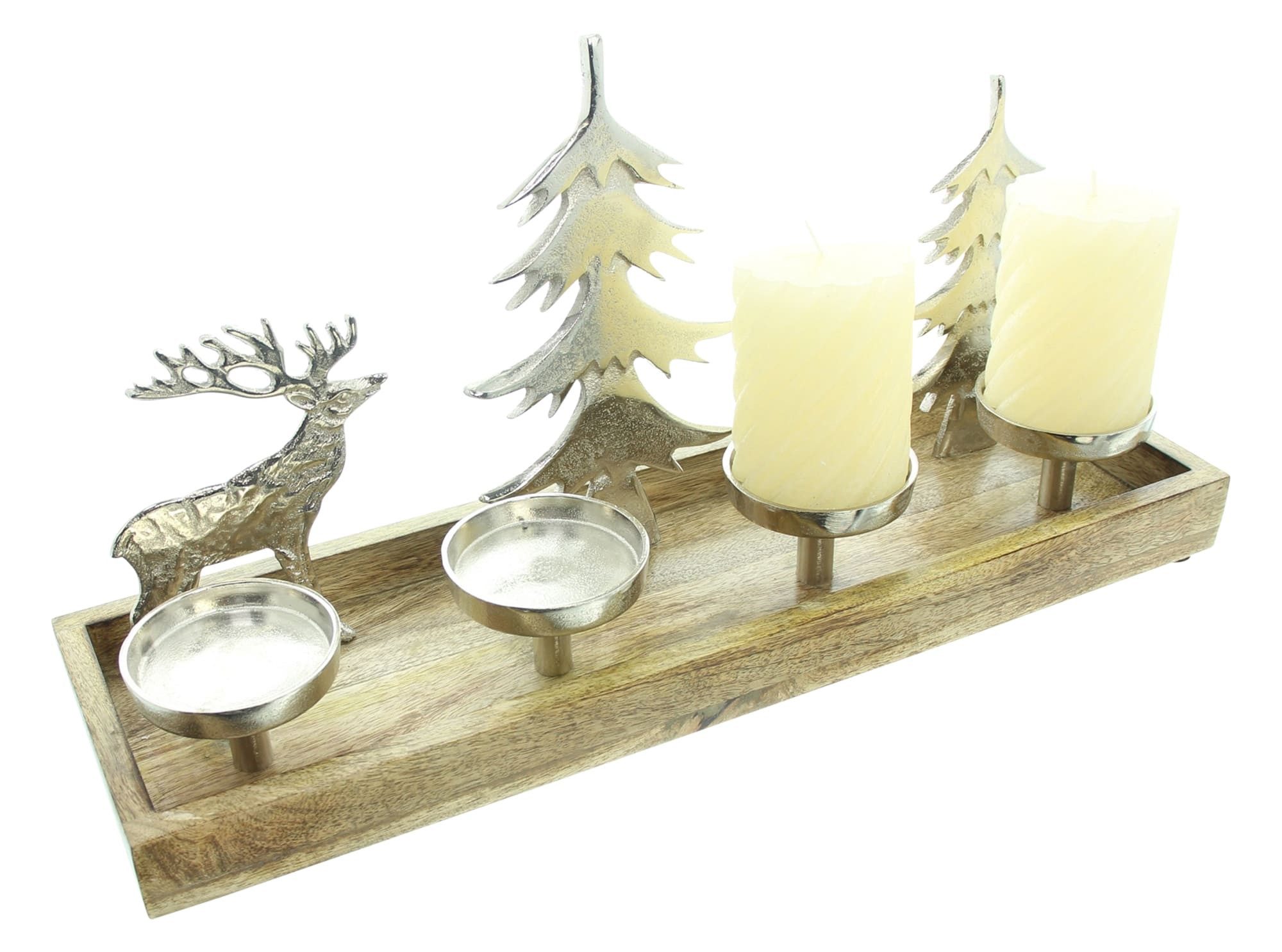 Dekoleidenschaft Kerzentablett "Rentier & Tannen" Lichterboard Kerzenständer 4 Kerzen, Weihnachtsdeko, Mangoholz & Aluminium, 50 cm breit, Adventskranz für Stumpenkerzen