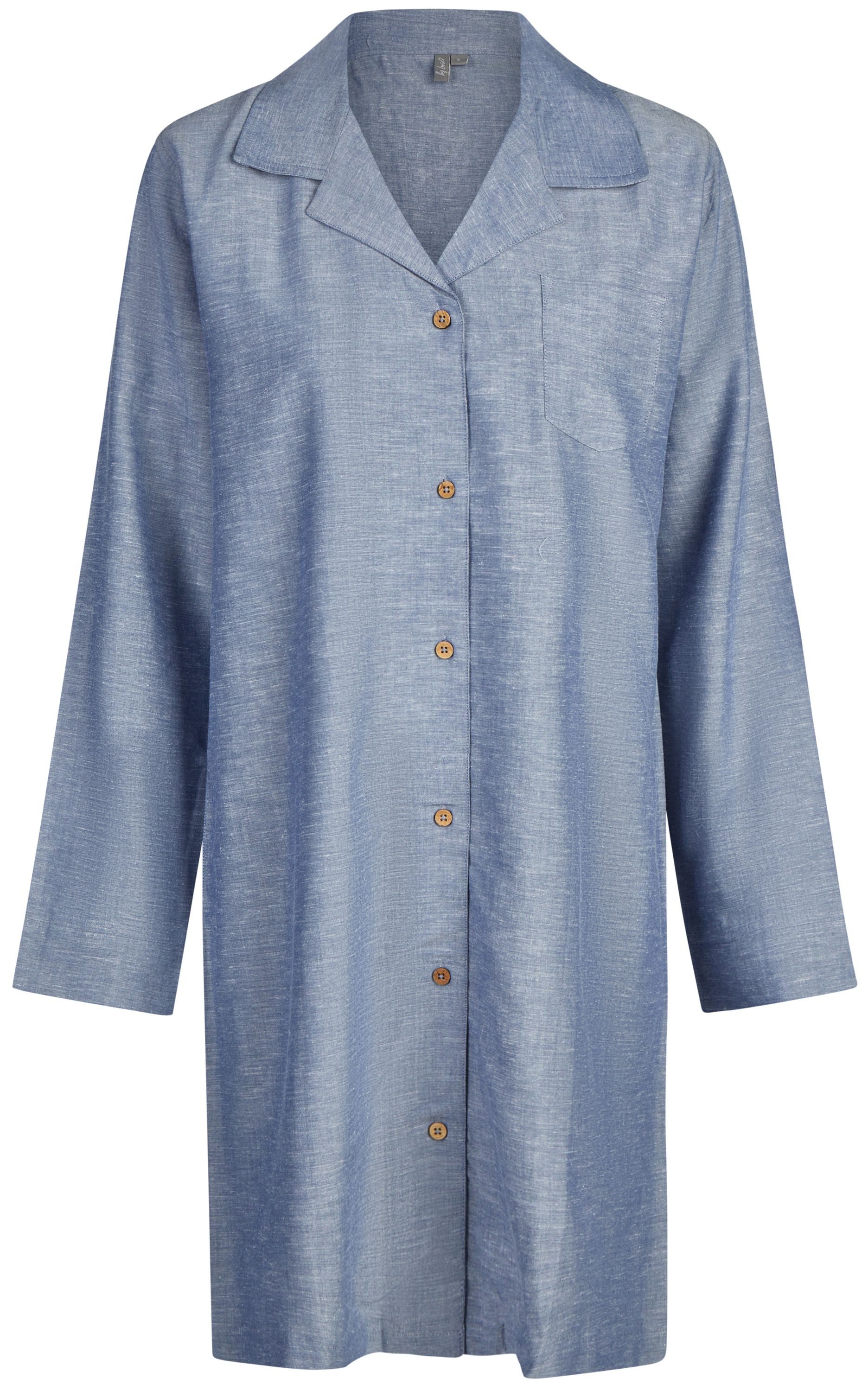 By Louise Nachthemd blau (Set, 1-tlg., 1-teilig) Damen Sleepshirt ca.95cm lang Langarm Leinenstruktur geknöpft