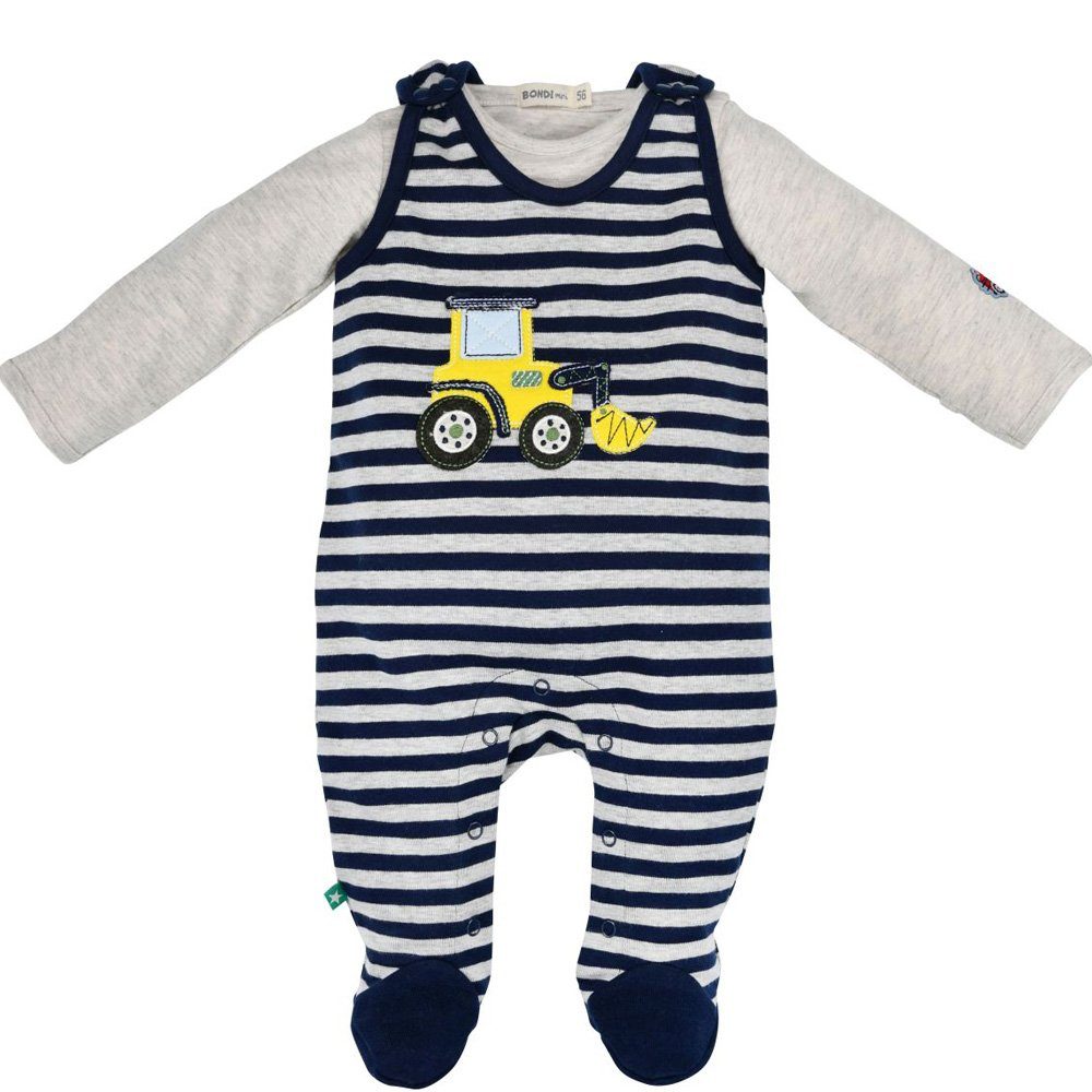 BONDI Strampler Baby Jungen Newborn Anzug "Bagger" geringelt 2-tlg. 93654, Blau Natur (2-tlg)