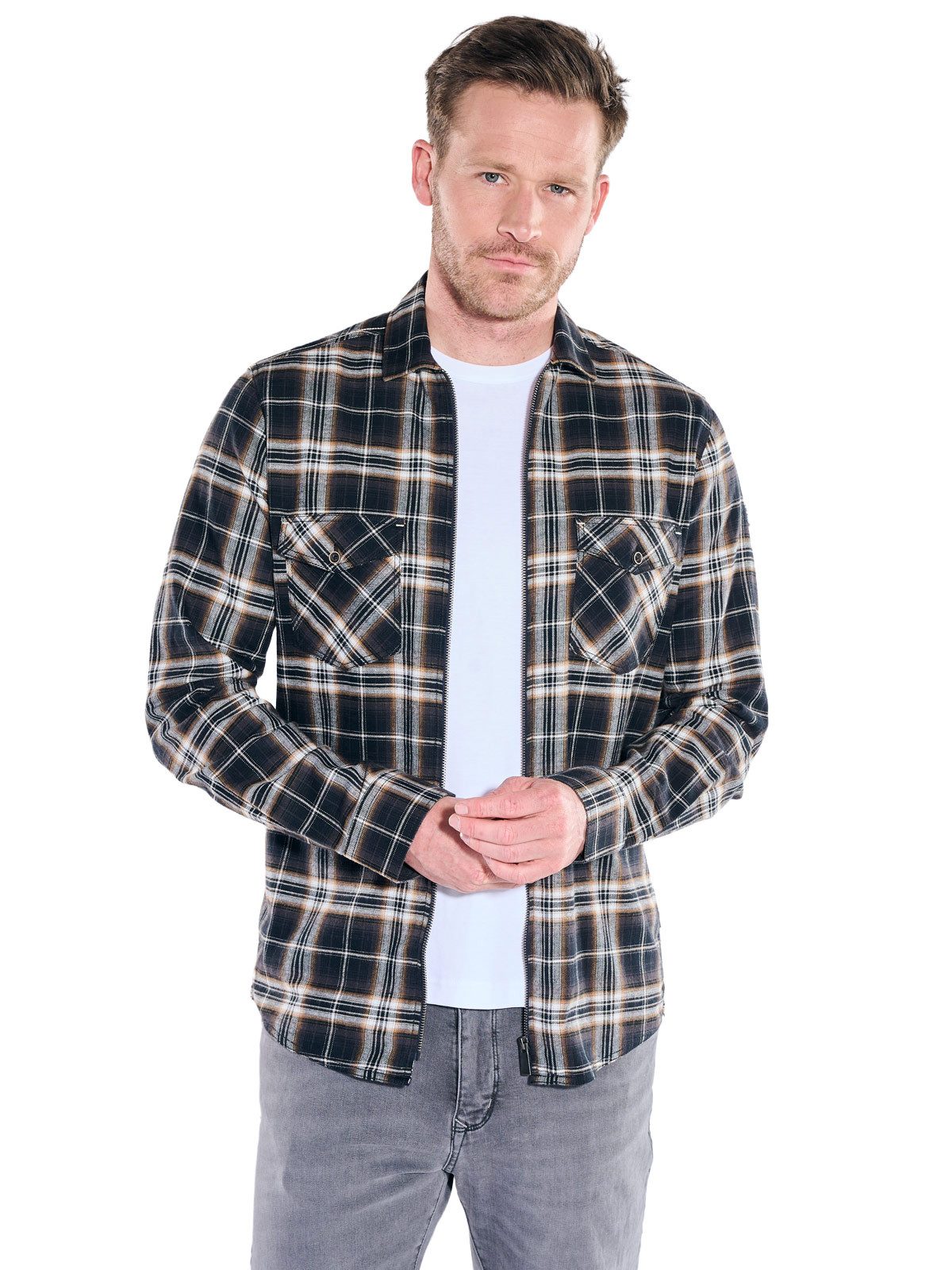 Engbers Langarmhemd Herren Karo Overshirt mit Reißverschluss, Schwarzbraun