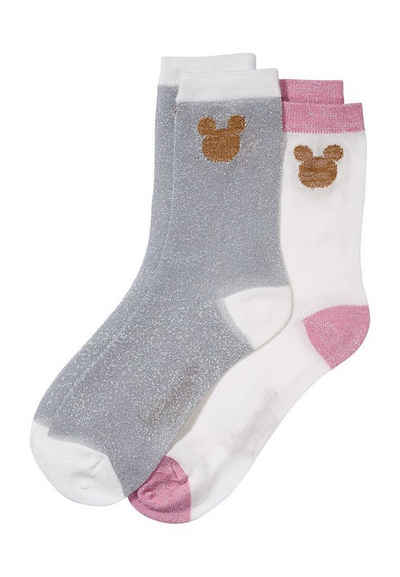 ONOMATO! Socken Mickey Mouse Damen Strümpfe Socken 2er Pack (2-Paar) weiss/grau
