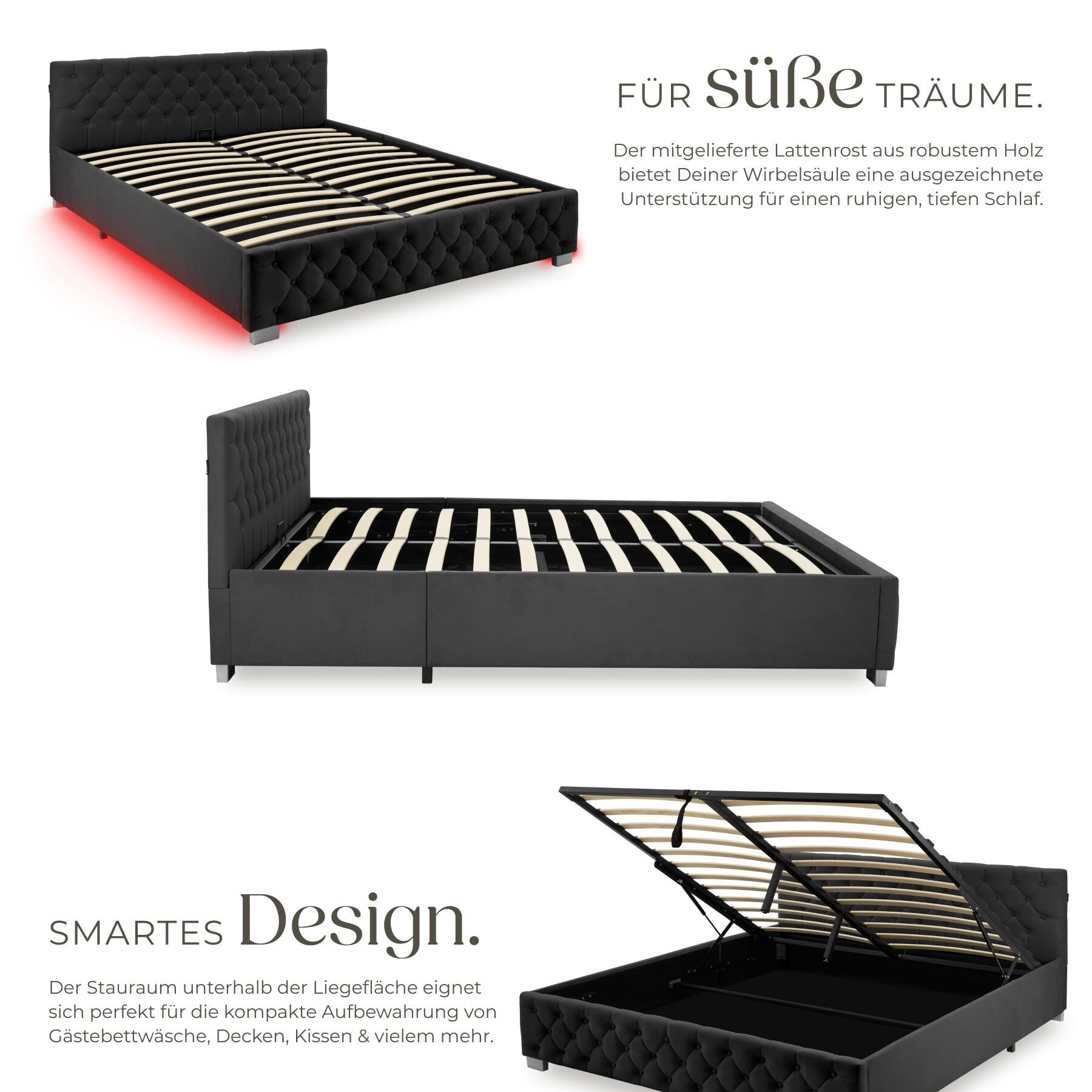 tectake Polsterbett Komfortbett mit LED-Leisten & Stauraum - Samtoptik mit Steppmuster (Bettset, in Samtoptik Schwarz), stabiler Stahlrahmen, Belastbarkeit 300  – Bild 5 von 5