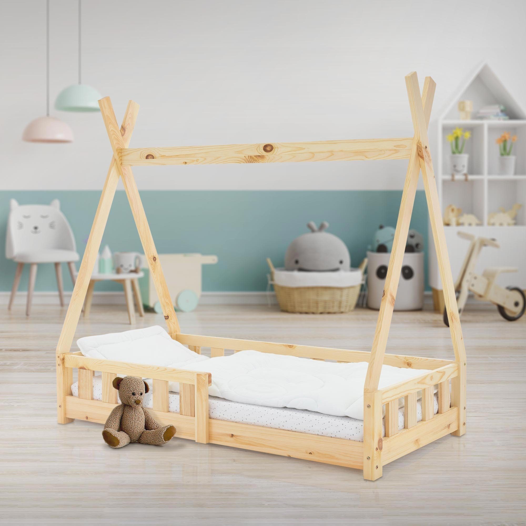 ML-DESIGN Kinderbett Hausbett mit Rausfallschutz und Lattenrost Massivholz, Bett 70x140 Natur aus Kiefernholz Spielbett Zelt mit Zaun