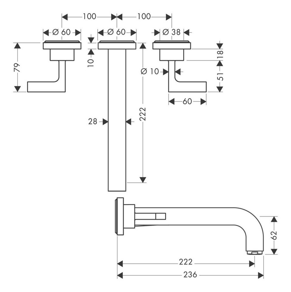 Thumbnail - hansgrohe Unterputzarmatur Axor Citterio 3-Loch Waschtischarmatur Hebelgriff Unterputz Ausladung 222 mm - Chrom
