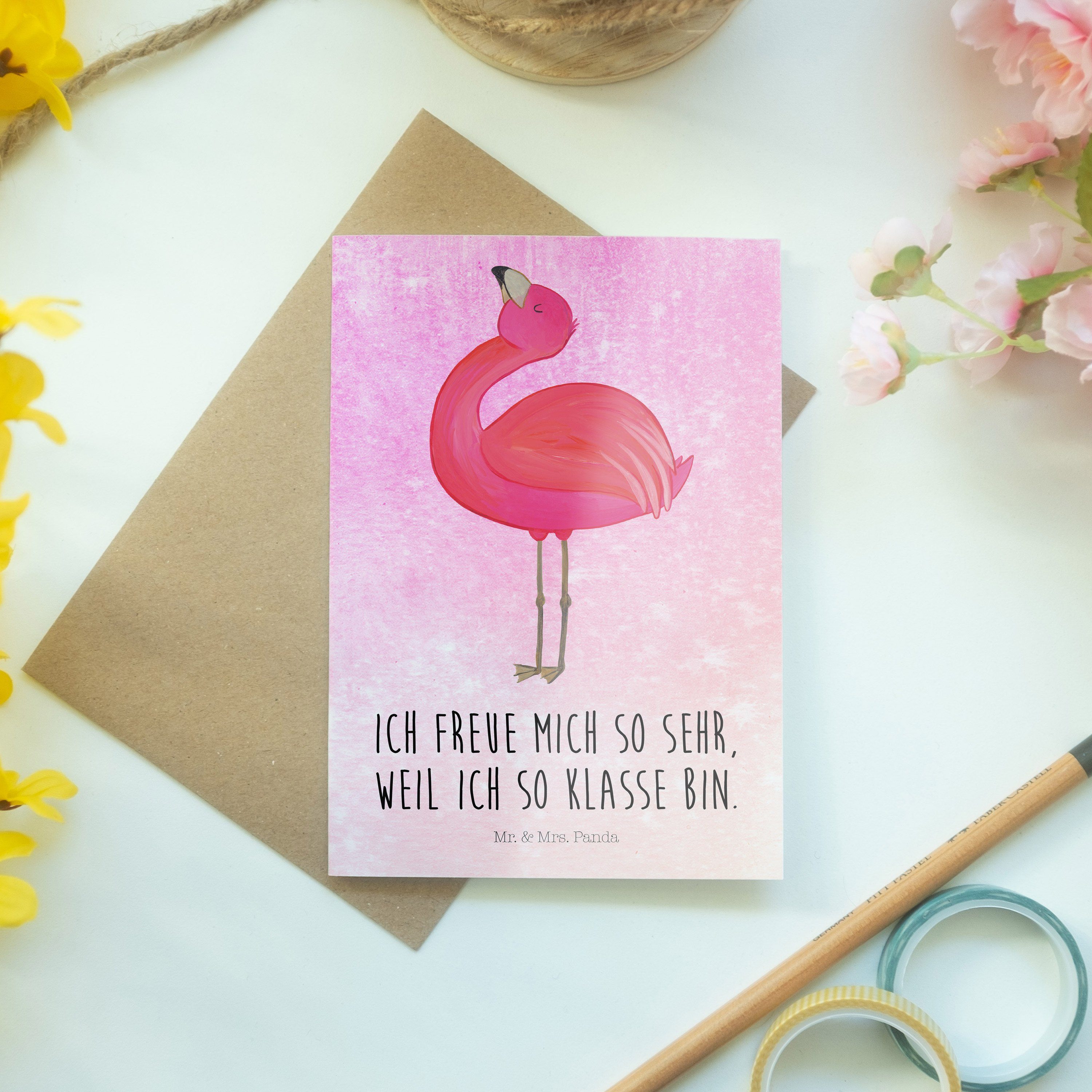 Glückwun Aquarell Mr. Geschenk, Grußkarte Mrs. Flamingo Geburtstagskarte, Panda & Pink - - stolz