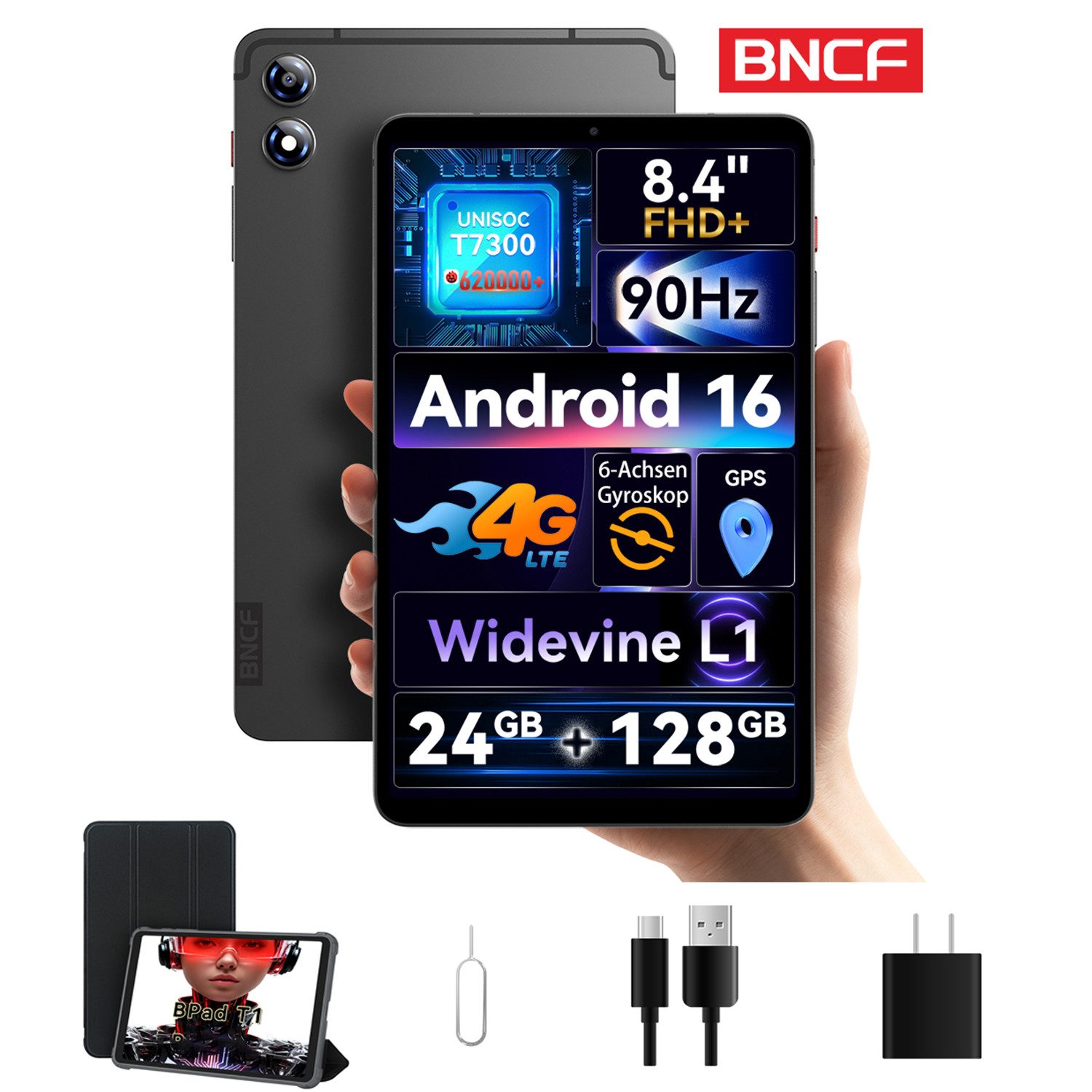 BNCF BPad T1, 8,4 Zoll, 4G LTE, Android 16, 24GB+128GB, T7300 Tablet (8.4", 128 GB, Android16, 4G LTE, 2,5D-Bildschirm,Unisoc T7300,90Hz,5500mAh,inklusive Tablet-Schutzhülle)