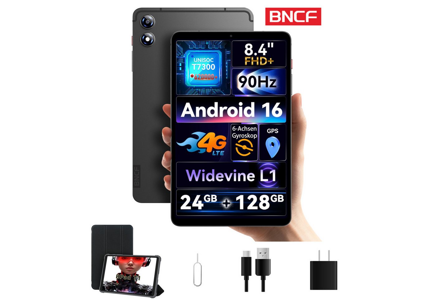 BNCF BPad T1, 8,4 Zoll, 4G LTE, Android 16, 24GB+128GB, T7300 Tablet (8.4", 128 GB, Android16, 4G LTE, 2,5D-Bildschirm,Unisoc T7300,90Hz,5500mAh,inklusive Tablet-Schutzhülle)