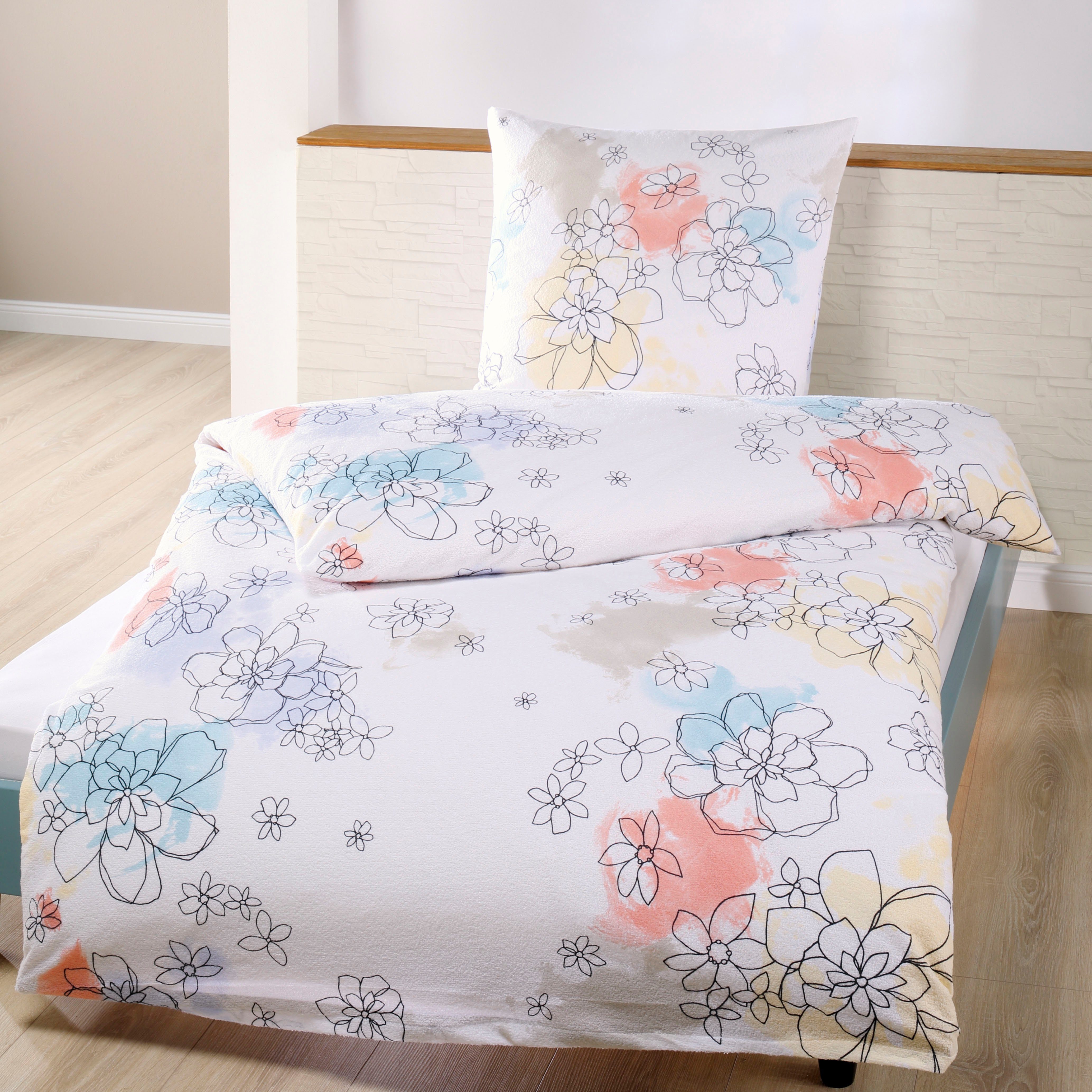 Dyckhoff Bettwäsche Grafikblumen, Frottee, 2 teilig, aus Weichfrottier, Bettbezug