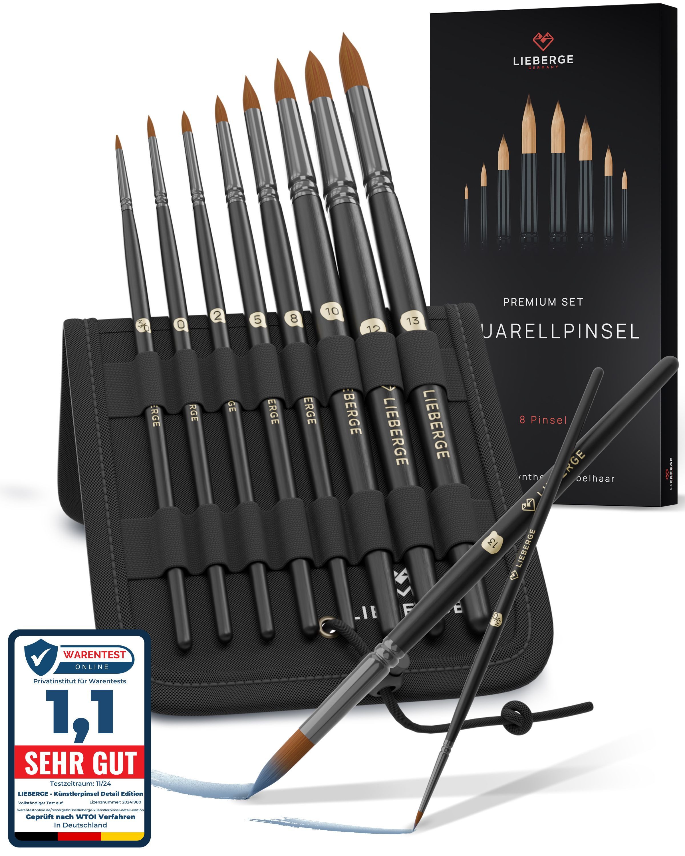 LIEBERGE Кисть Premium Set Aquarell – 8 Aquarelllpinsel, inkl. Präsenter, (Set, 8 St., Rundpinsel, Кисточкиpräsenter, Кисточкиständer), Synthetikhaar, vegan, langlabig, hohe Farbaufnahme, Anfänger, Profis