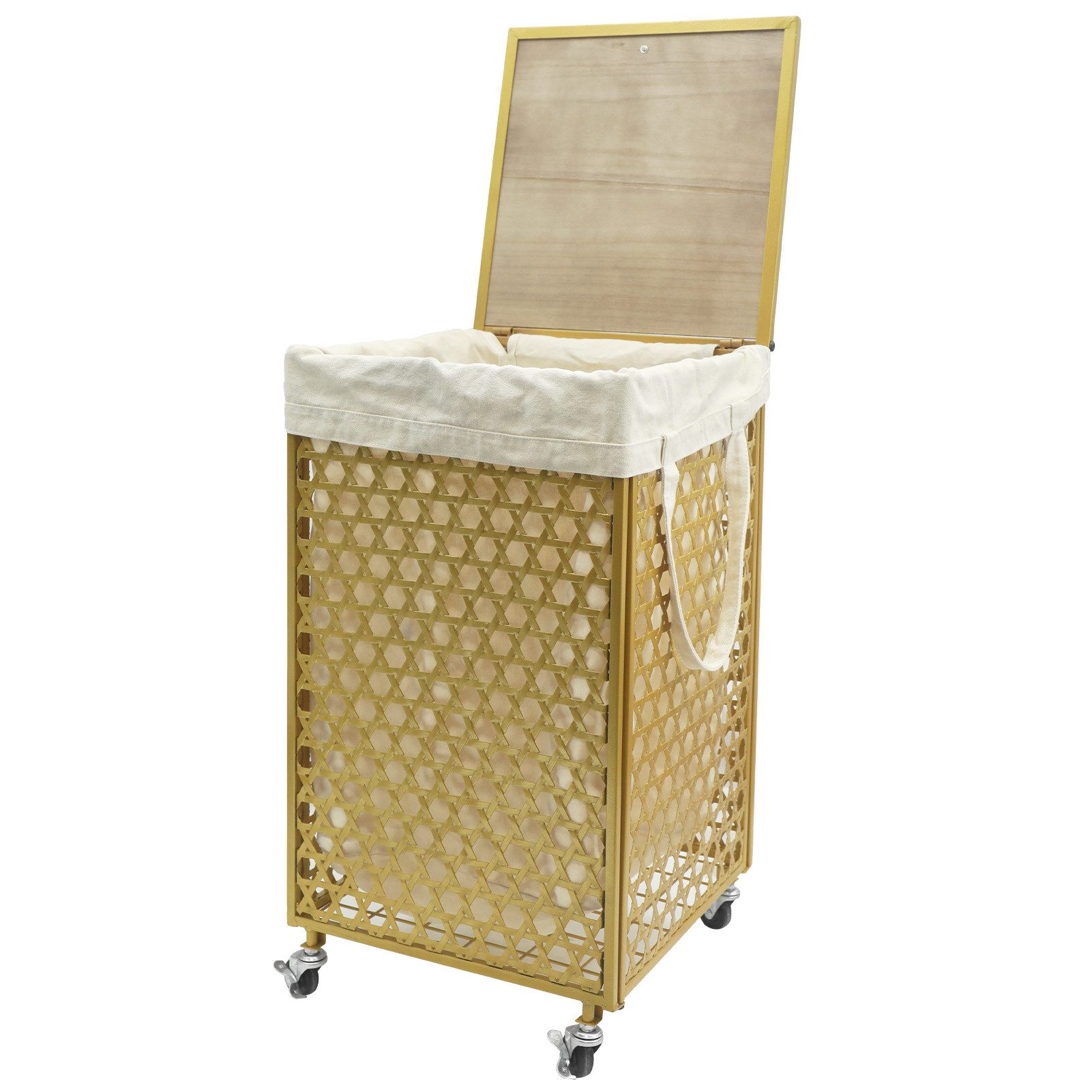 G-LEAF Wäschekorb mit Rollen, Metall Wäschesammler mit Holzdeckel & Wäschesack (1 St), für Badezimmer, Schwarz/Golden