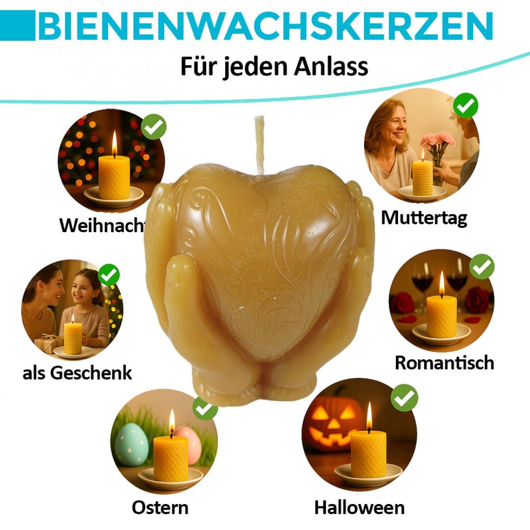 Aspinaworld Bienenwachskerze Herz Kerze in Hand 7,5 cm – Kerze aus Bienenwachs