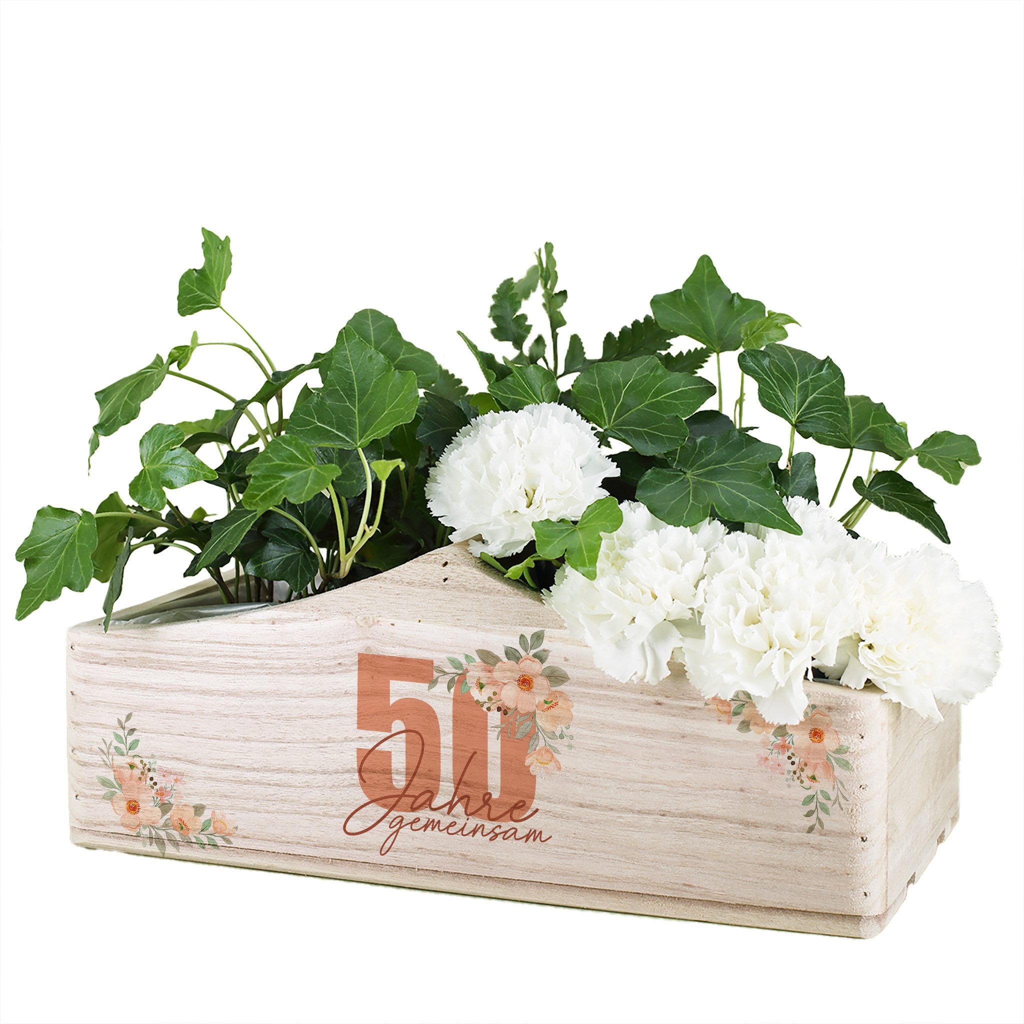 Herz & Heim Geschenkbox Pflanzkorb aus Holz mit Motiv zum Hochzeitsjubiläum, mit Holzgriff