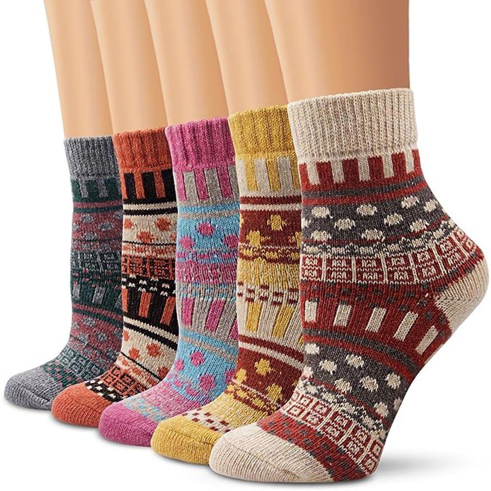 GelldG Wollsocken, Socken Paar Damen Socken weich warm gesprenkelt 5 Wintersocken atmungsaktiv