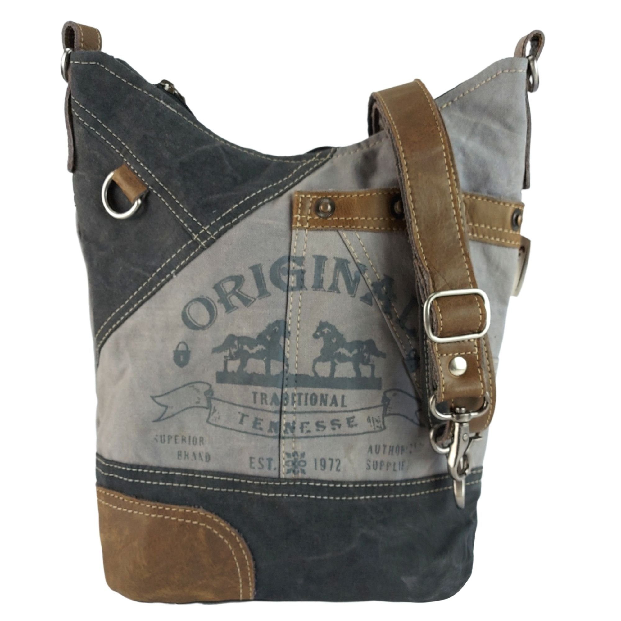 Sunsa Umhängetasche Graue Vintage Tasche. Umhängetasche in Hobo Form mit Pferde Aufdruck