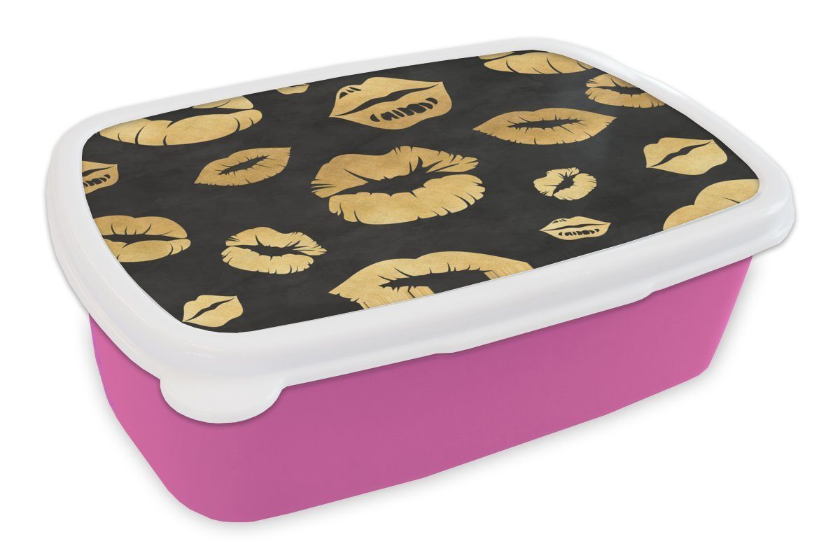 - Brotbox Kuss rosa - (2-tlg), Erwachsene, Kunststoff Schwarz, - Mädchen, Brotdose Kunststoff, Muster Gold für MuchoWow Snackbox, Lunchbox Kinder,