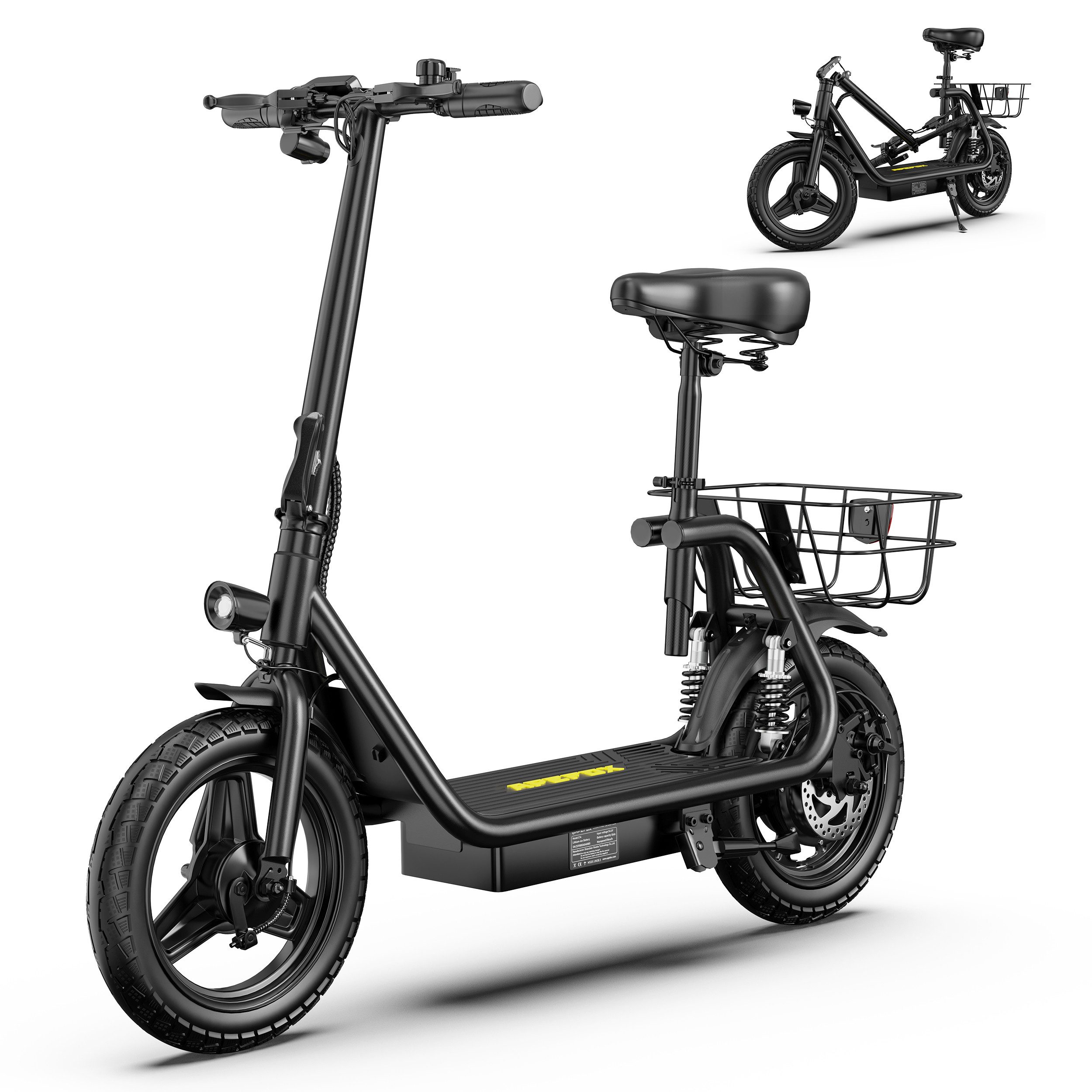 Vankel E-Scooter C14 E Scooter mit Sitz 500W 48V 15Ah 40km/h Elektroroller Korb, 500 W, Keine Straßenzulassung – ausschließlich auf Privatgelände verwenden