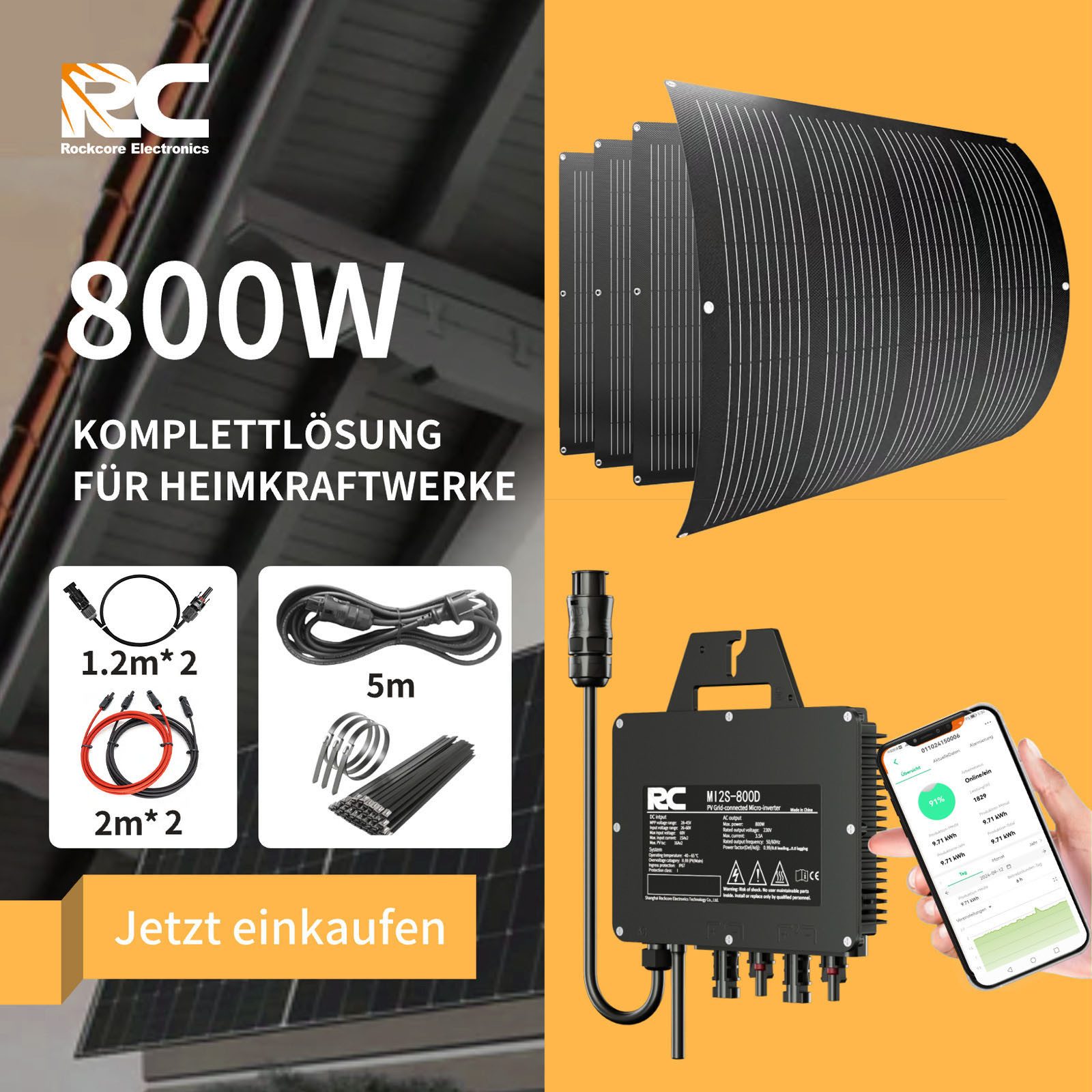 enjoy solar Balkonkraftwerk 800W RC® MI2S-800D + 200W*4 Flexible Solarmodul + 5m Kabel usw., Monokristalline Siliziumzelle, (Set), „Plug-and-Play“: RC800W Balkon-PV-Anlage mit kompletter Steckdose