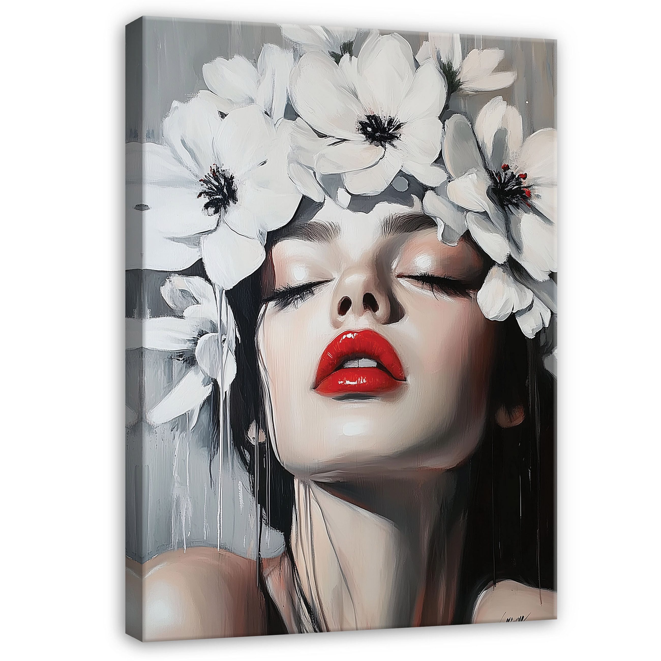 Wallarena Leinwandbild Frau Blumen Rot Lippen Modern Wandbilder Wand Deko XXL Зображення, Kunst - Frau (groß Зображення Wohnzimmer Schlafzimmer Einteilig, 1 St), Зображення Klein Wohnzimmer Schlafzimmer Küche Wandbild Wand Deko 40x30