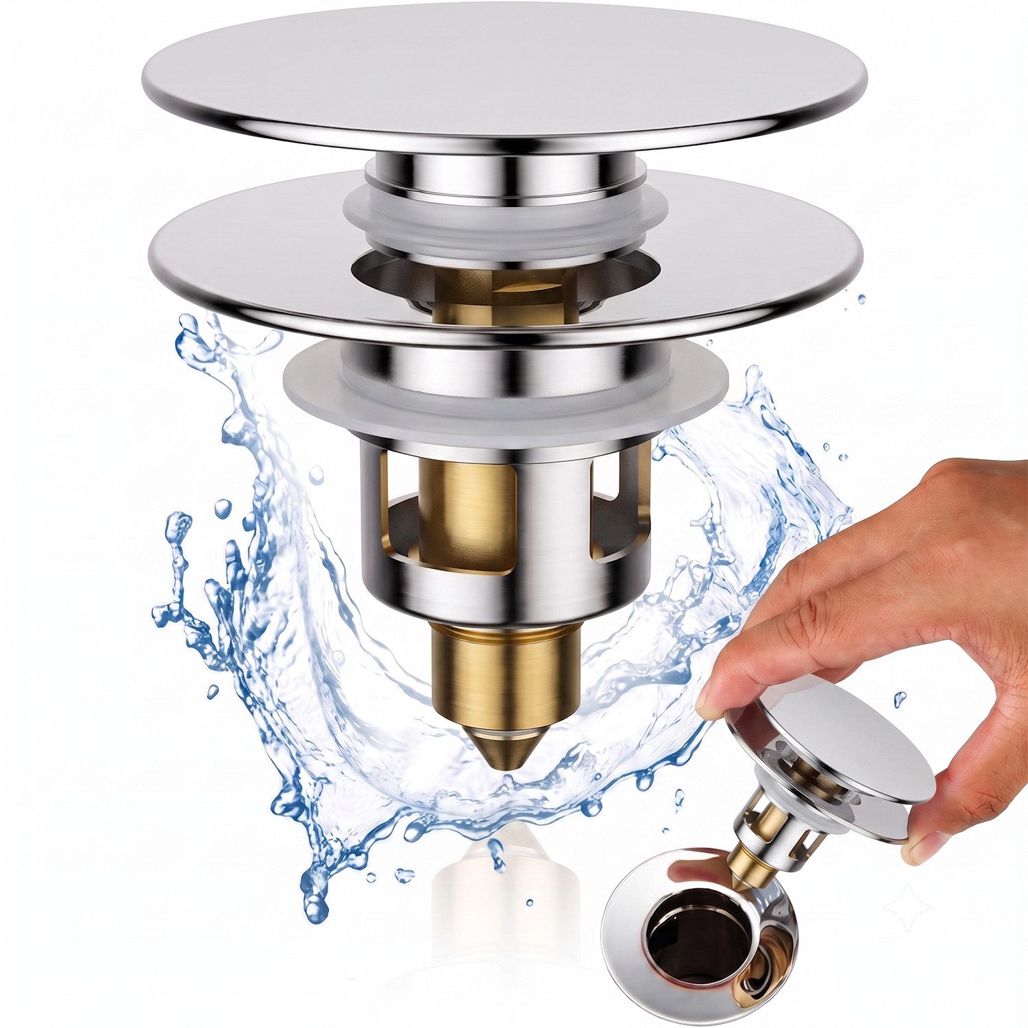 HEYHIPPO Waschbeckenstöpsel Pop-up Ablaufventil – Messing, mit Haarsieb, für Waschbecken, chrom, (Kappendurchmesser 62mm Gesamthöhe 70,4mm, mit 4 Silikondichtun – Bild 3 von 5