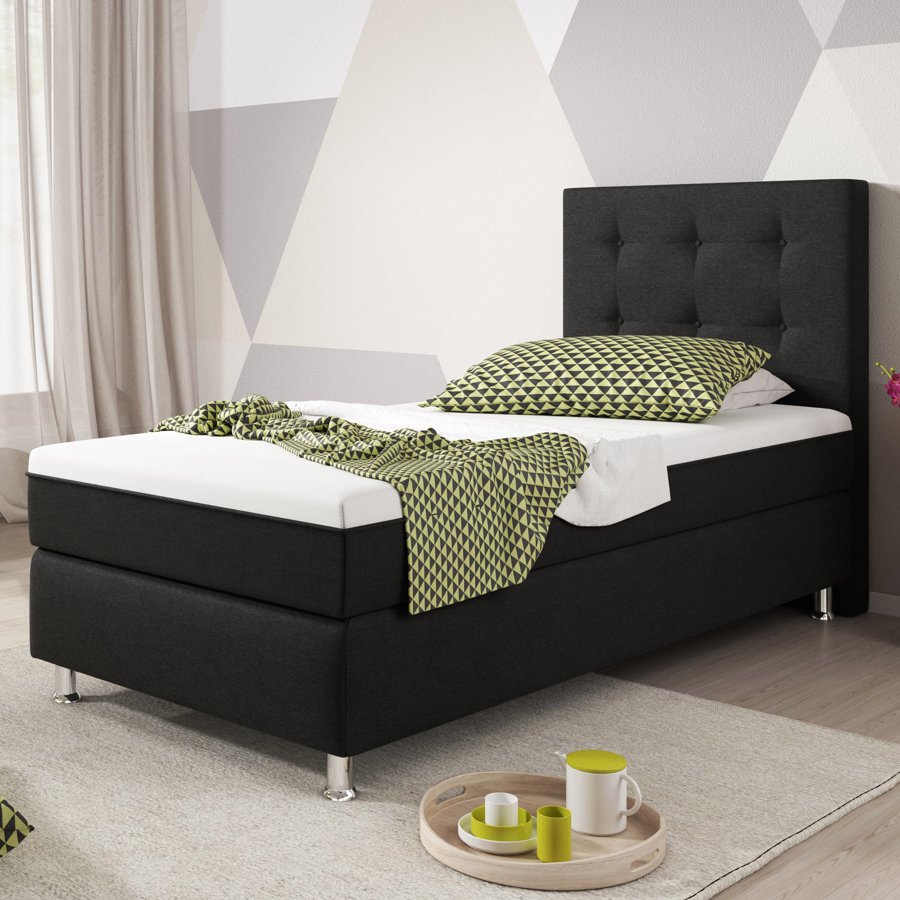 inter Boxspringbett Köln Plus Webstoff mit 7 Zonen Taschenfederkern und Topper-Optik (90x200 cm, Schwarz inkl. Matratze mit Topper-Optik)