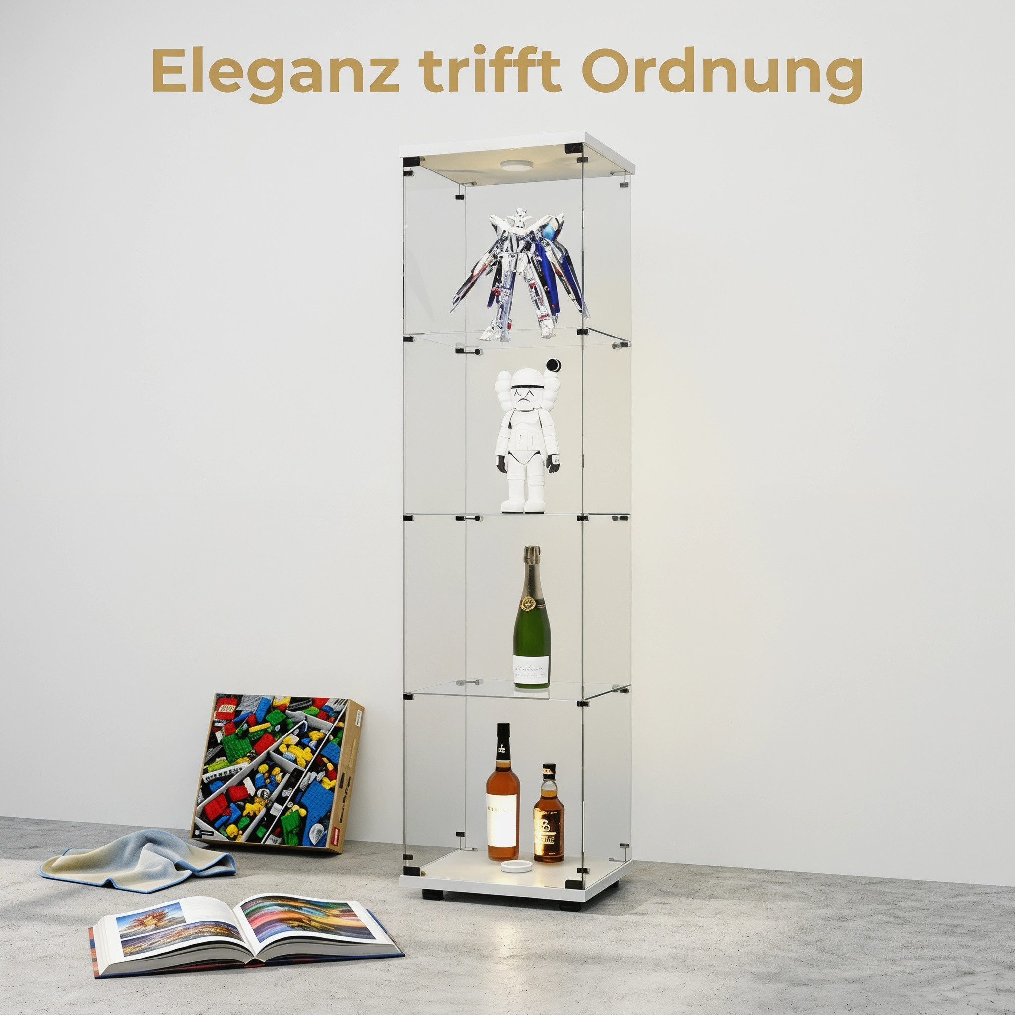 NMCXXO Glasvitrine Glasvitrine mit LED-Beleuchtung, modern und stilvoll (1 tlg) Standvitrine/Glasvitrine Glastür 4-lagig, Große Kapazität