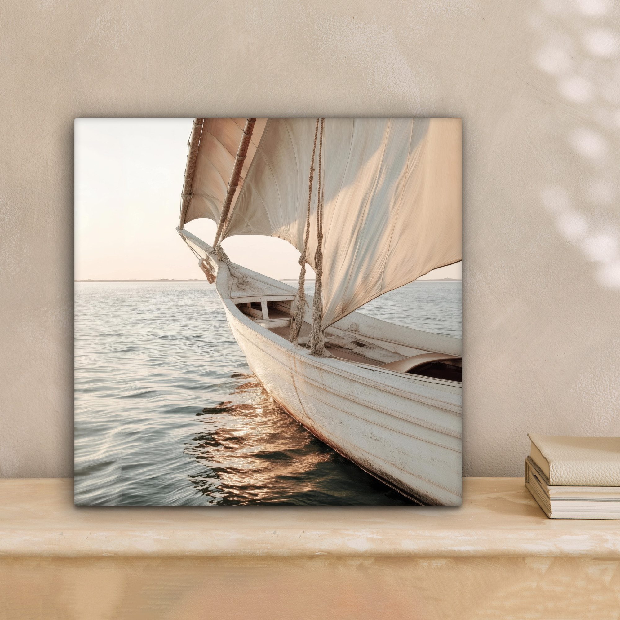 OneMillionCanvasses® Leinwandbild Segelboot - Meer - Beige - Sonne, Fotodruck (1 St), Wandbild, Deko Schlafzimmer Wohnzimmer Flur 20x20 cm