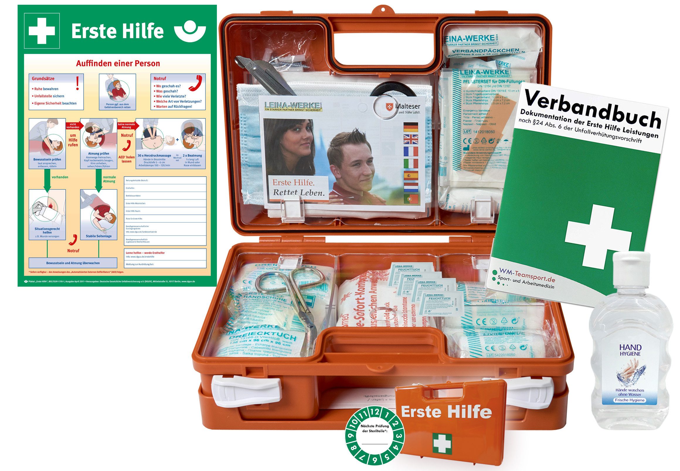 WM-Teamsport Erste-Hilfe-Koffer Erste-Hilfe-Koffer safeAID – DIN 13157 + Hand-Hygiene-Gel + Aushang