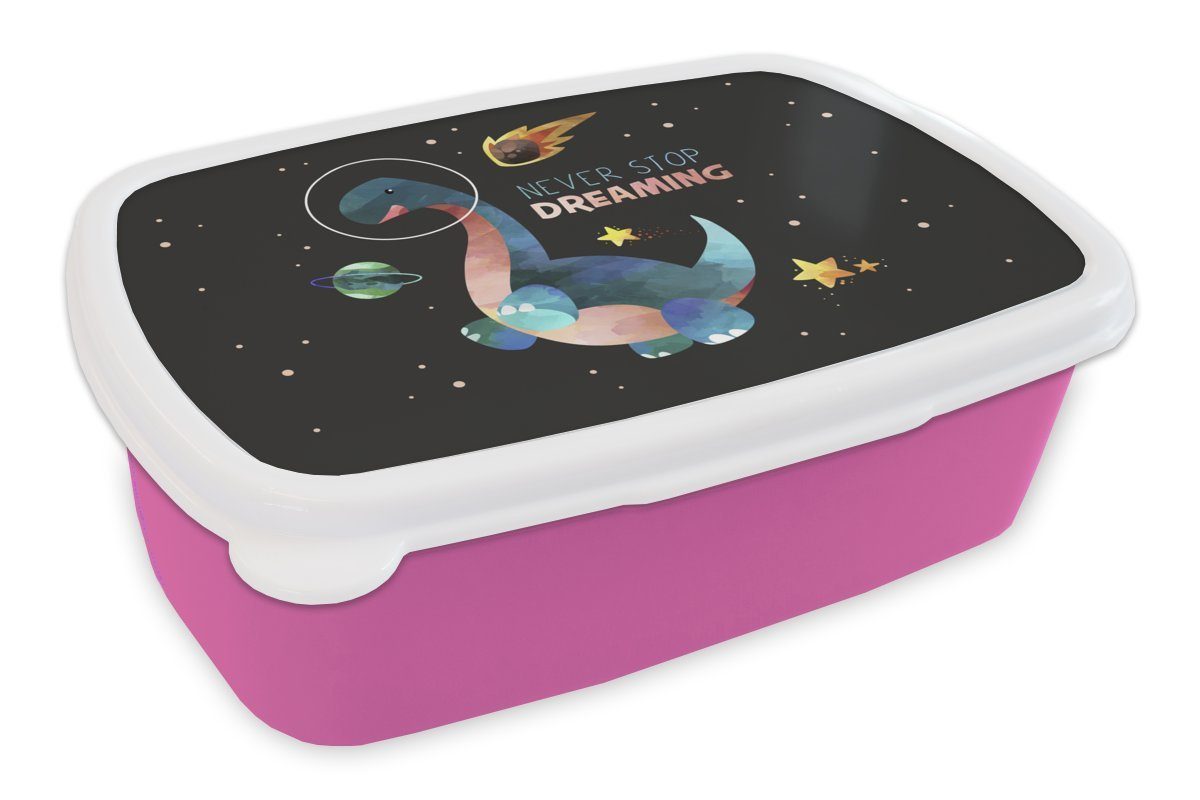 MuchoWow Lunchbox Zitate - Sprichwörter - 'Hör nie auf zu träumen' - Raumfahrt - Jungen, Kunststoff, (2-tlg), Brotbox für Erwachsene, Brotdose Kinder, Snackbox, Mädchen, Kunststoff rosa