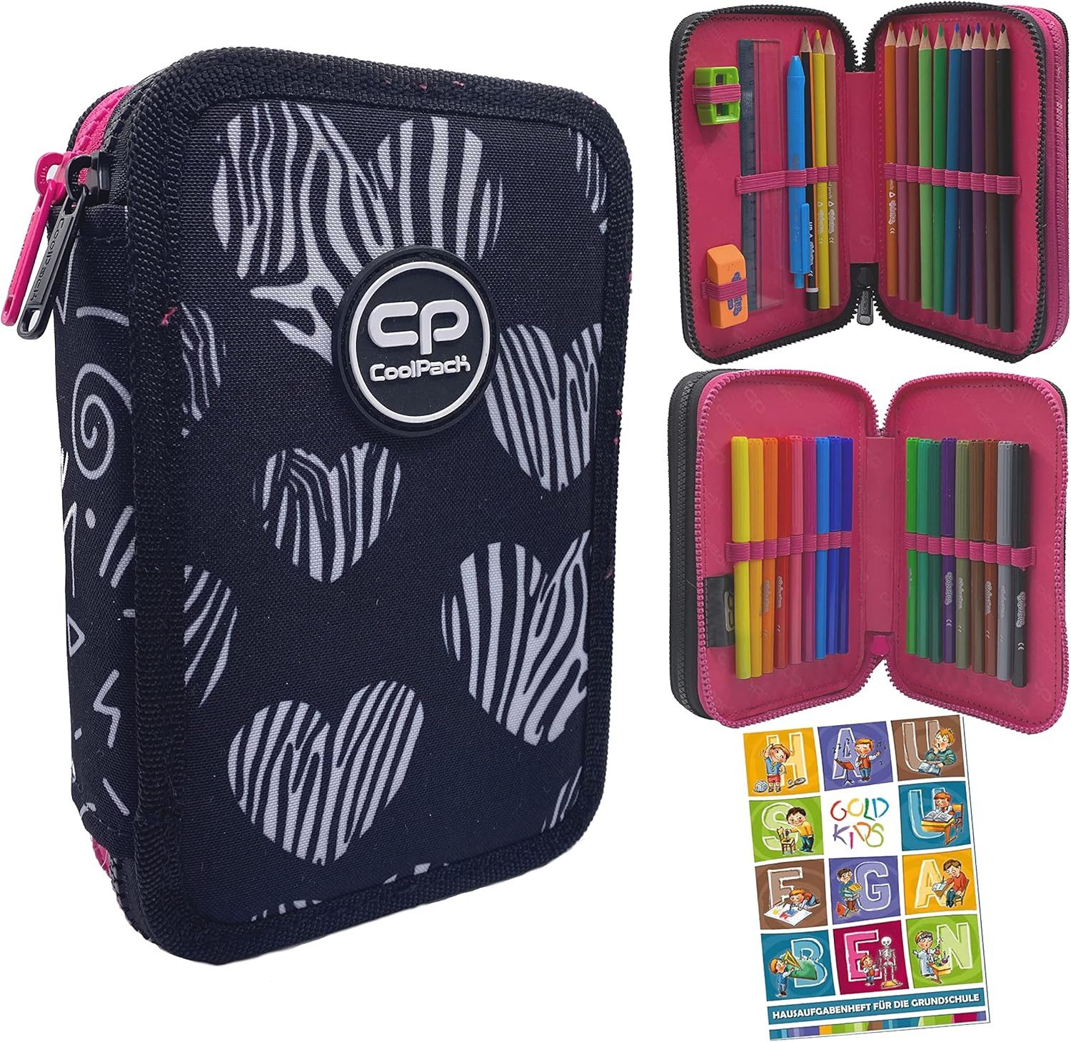 GOLDKIDS Federmäppchen COOLPACK 2-fache Federtasche Federmappe, (Hearts Motiv 35-teilig gefüllte, 1-tlg., Schüleretui Stifte und Pinsel Fanartikel), inkl. Aufgabenheft Federbox Etui Stiftetasche Schlamper-Etui