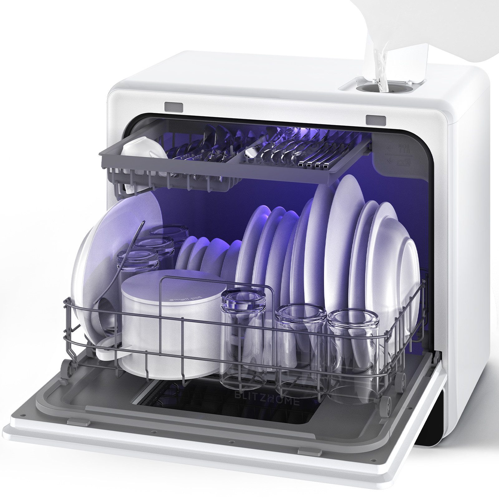 BLiTZWOLF Tischgeschirrspüler Spülmaschine 8 Modi 3 Sprüharme BH-6-CDW, 5.2 l, 6 Maßgedecke, 75℃ Hochtemperatur & Lufttrocknung Tischgeschirrspüler