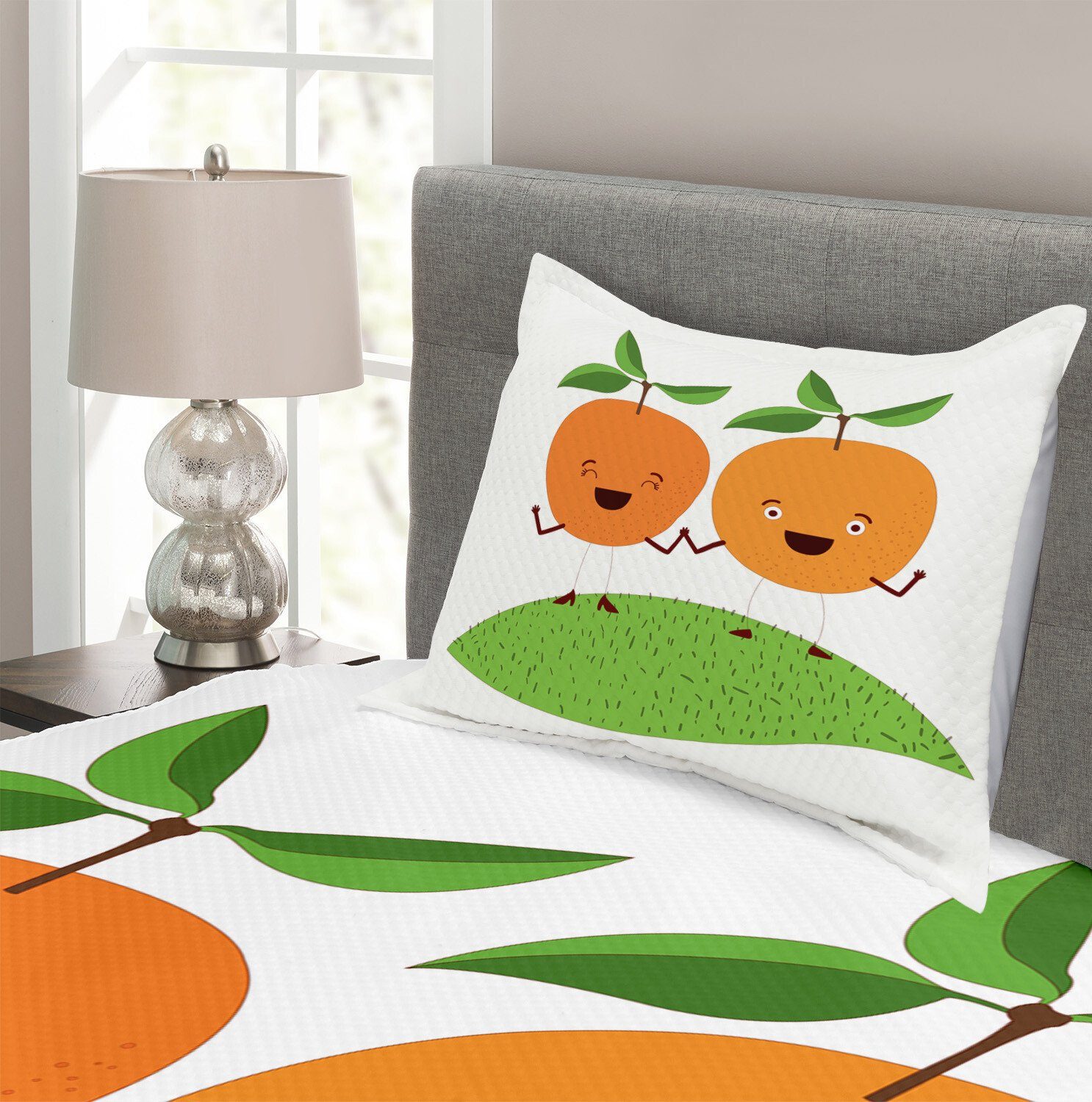 Tagesdecke Set orange Kissenbezügen mit Karikatur-Frucht Abakuhaus, grün Waschbar