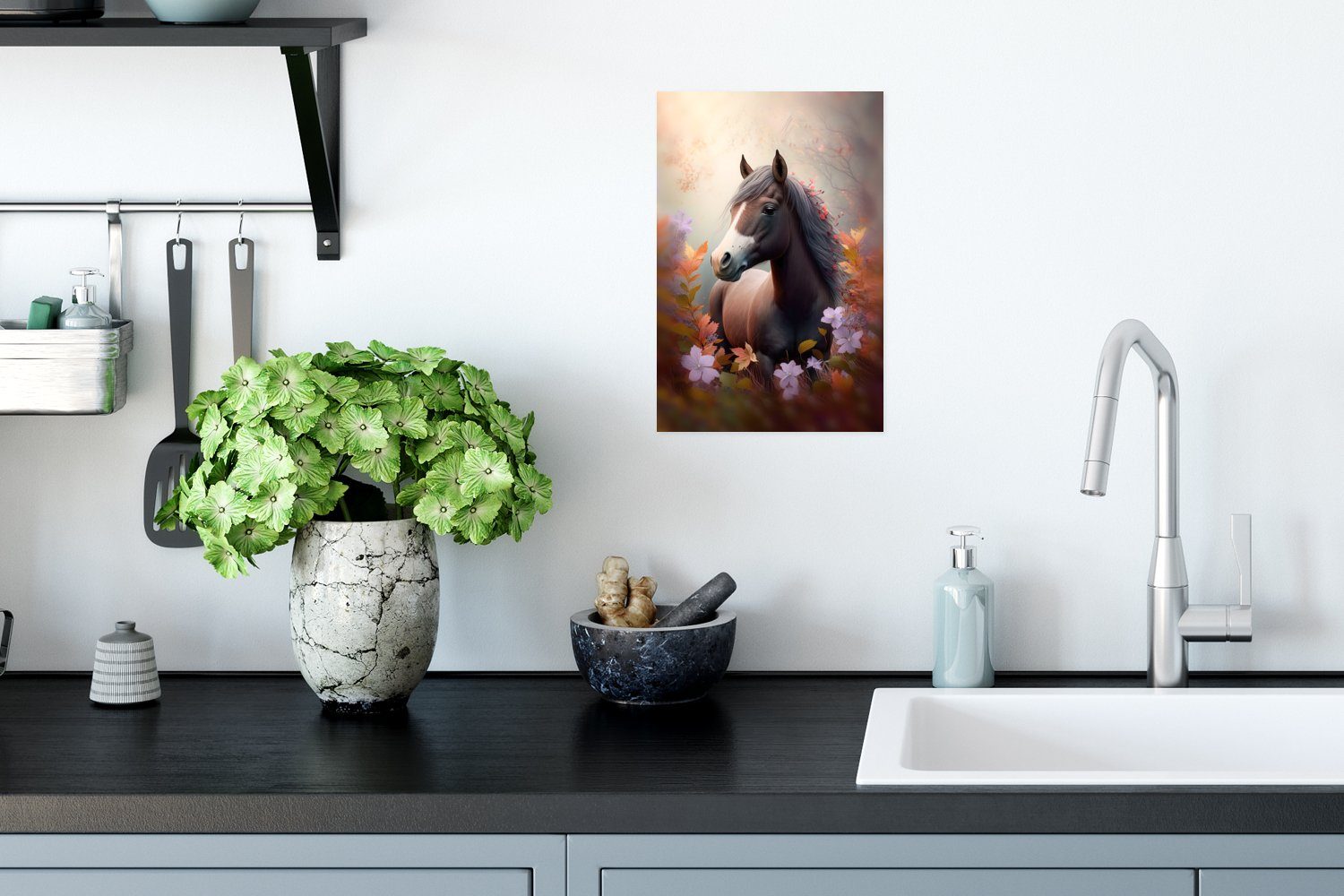 MuchoWow Poster Pferd - St), - Poster, - Blumen Wandbild, Ohne Lila Wohnzimmer, - für Tiere, Wandposter Rahmen (1 Natur