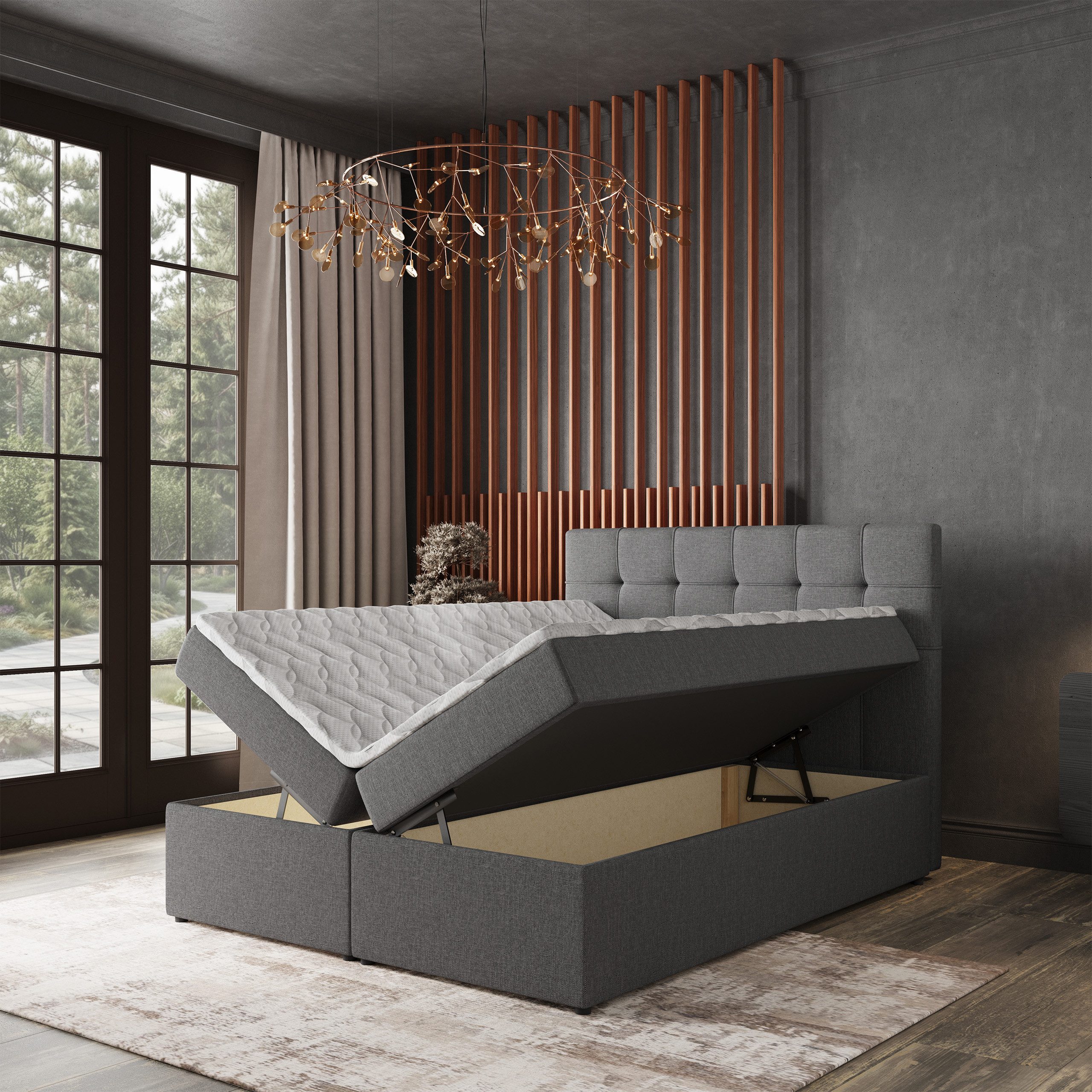 Masseno Boxbett PALMA 140x200 cm mit Bonell Matratze und Topper, Doppelbett, Polsterbett mit Kopfteil, Boxspringbett