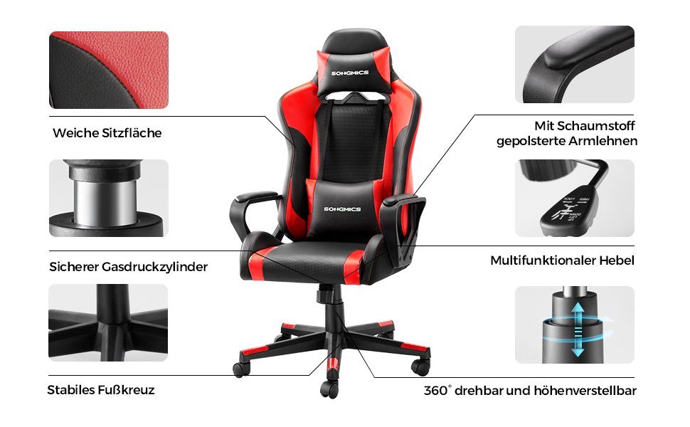 ergonomisch, Gaming Chair, Rot Wippfunktion höhenverstellbar, SONGMICS