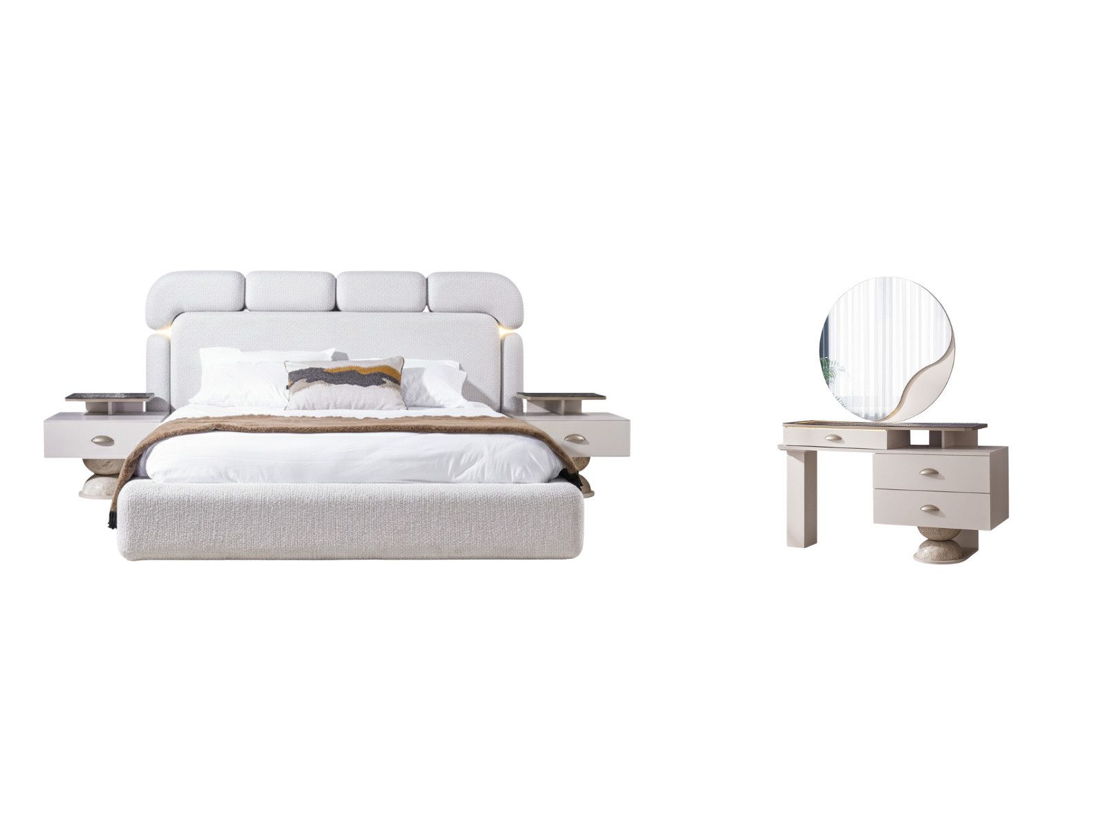 Villa Möbel Schlafzimmer-Set Avva, (Schlafzimmer-Set, 4-tlg., Bett mit Kopfteil, 2 Nachttische und Kommode), Polsterbett mit Stoffbezug wirkt weich ruhig und einladend
