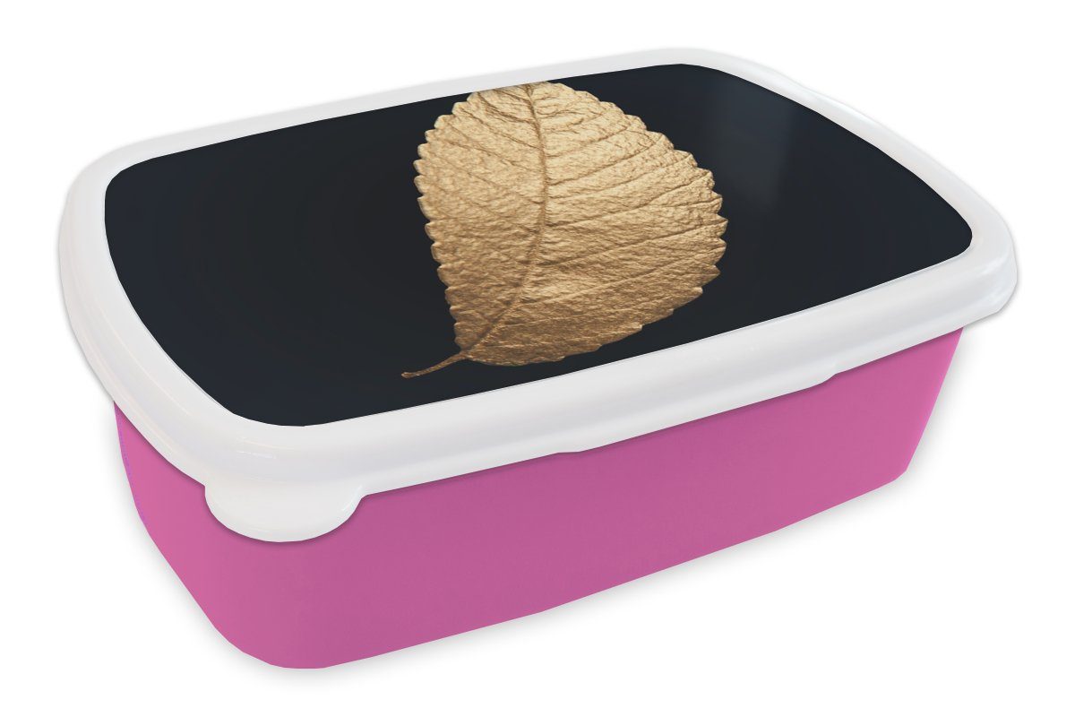 MuchoWow Lunchbox Gold - Blätter - Schwarz - Pflanzen - Luxus - Natur, Kunststoff, (2-tlg), Brotbox für Erwachsene, Brotdose Kinder, Snackbox, Mädchen, Kunststoff rosa